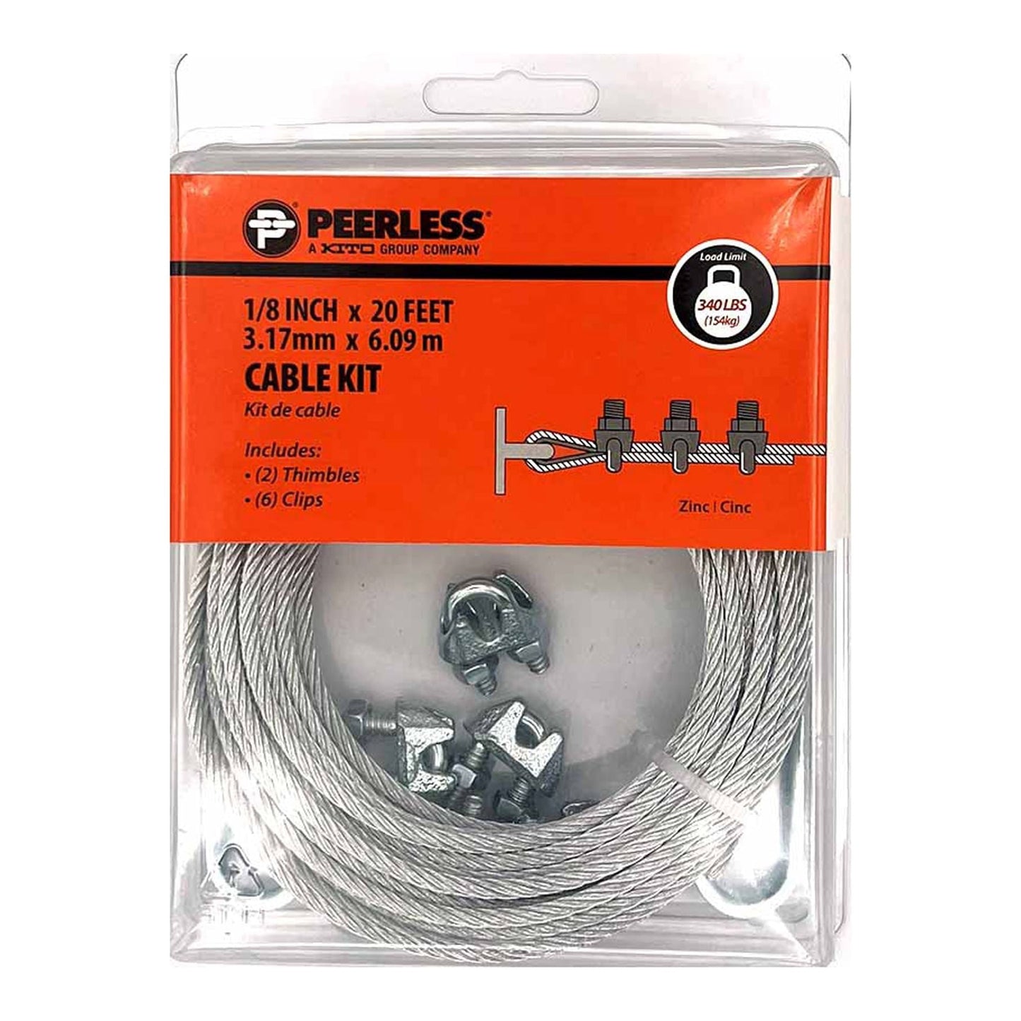 1/8" Cable Wire Rope Kit with Clips and Thimbles, Galvanized Wire, Peerless Chain Company, 1/8-inch diameter, #4742520R