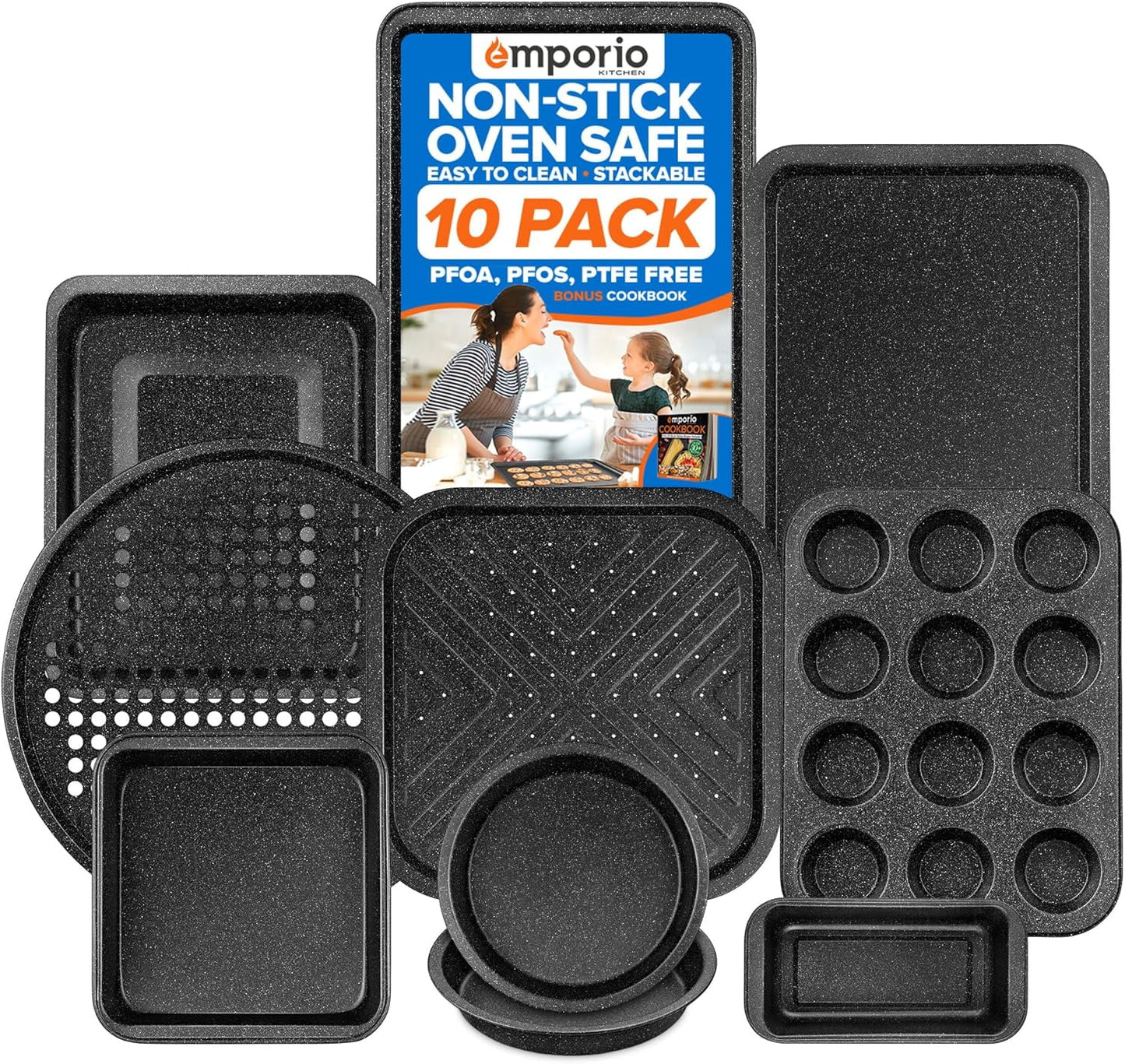 10-Piece Stackable Nonstick Baking Pan Set – Gray Marble Carbon Steel Bakeware, Oven Safe to 450°F, with Recipe Booklet