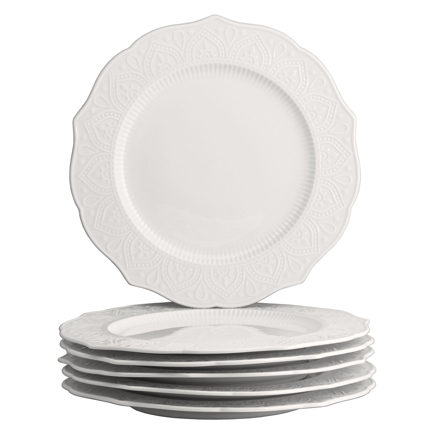 10 Strawberry Street Dahlia Porcelain 10.5" Dinner Plate, Set of 6, White