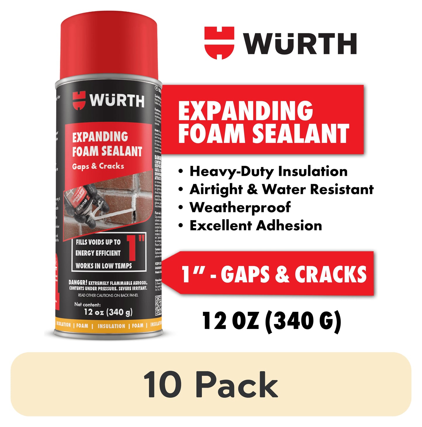 (10 pack) Würth 12 oz Expanding Foam Sealant for Gaps and Cracks up to 1 Inch - Insulating Spray Foam