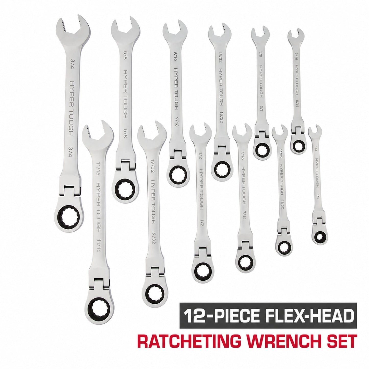 Hyper Tough Flex-Head Ratcheting Wrench Set, SAE, 12 Pieces