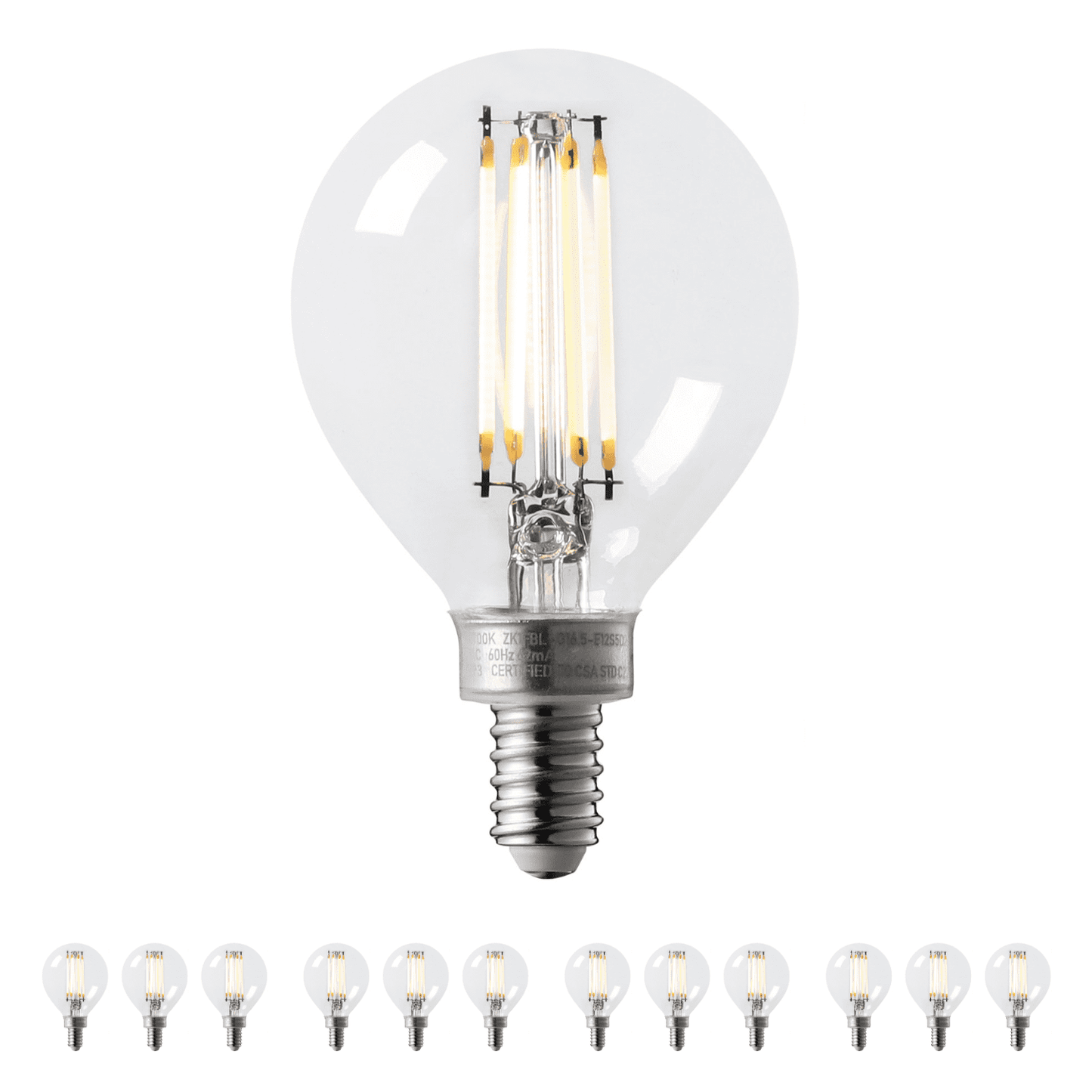 12 Pack Dimmable G16.5 LED Bulb, 5.5W (60W Eqv.), E12 Base, 500lm, Edison Filament Bulb for Chandelier, Ceiling Fan, Vanity, 2700K Soft White Clear Glass