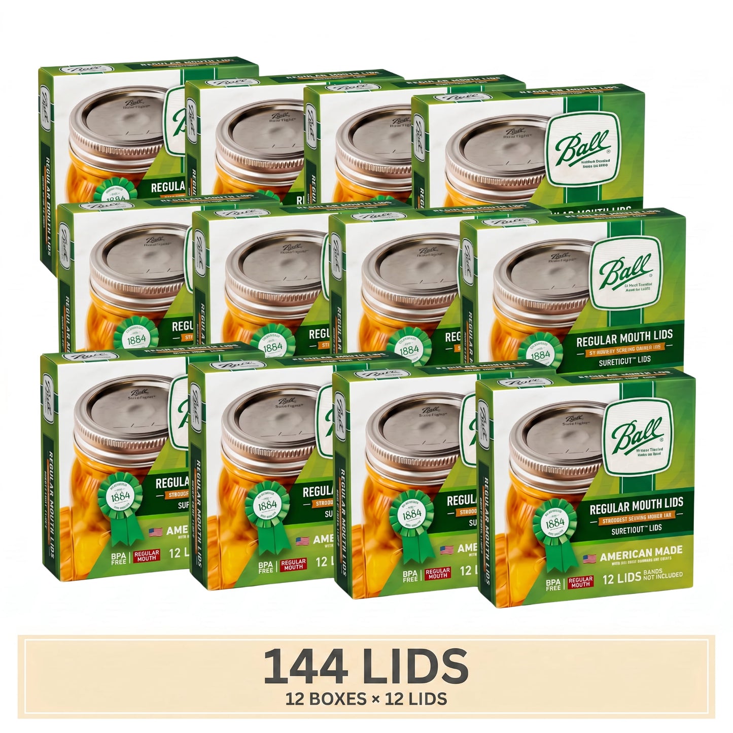 (12 pack) Ball 1440031050 1440032000 Canning Jar Lid, 2.4 oz Capacity, Steel, Silver Cap/Lid - pack of 12