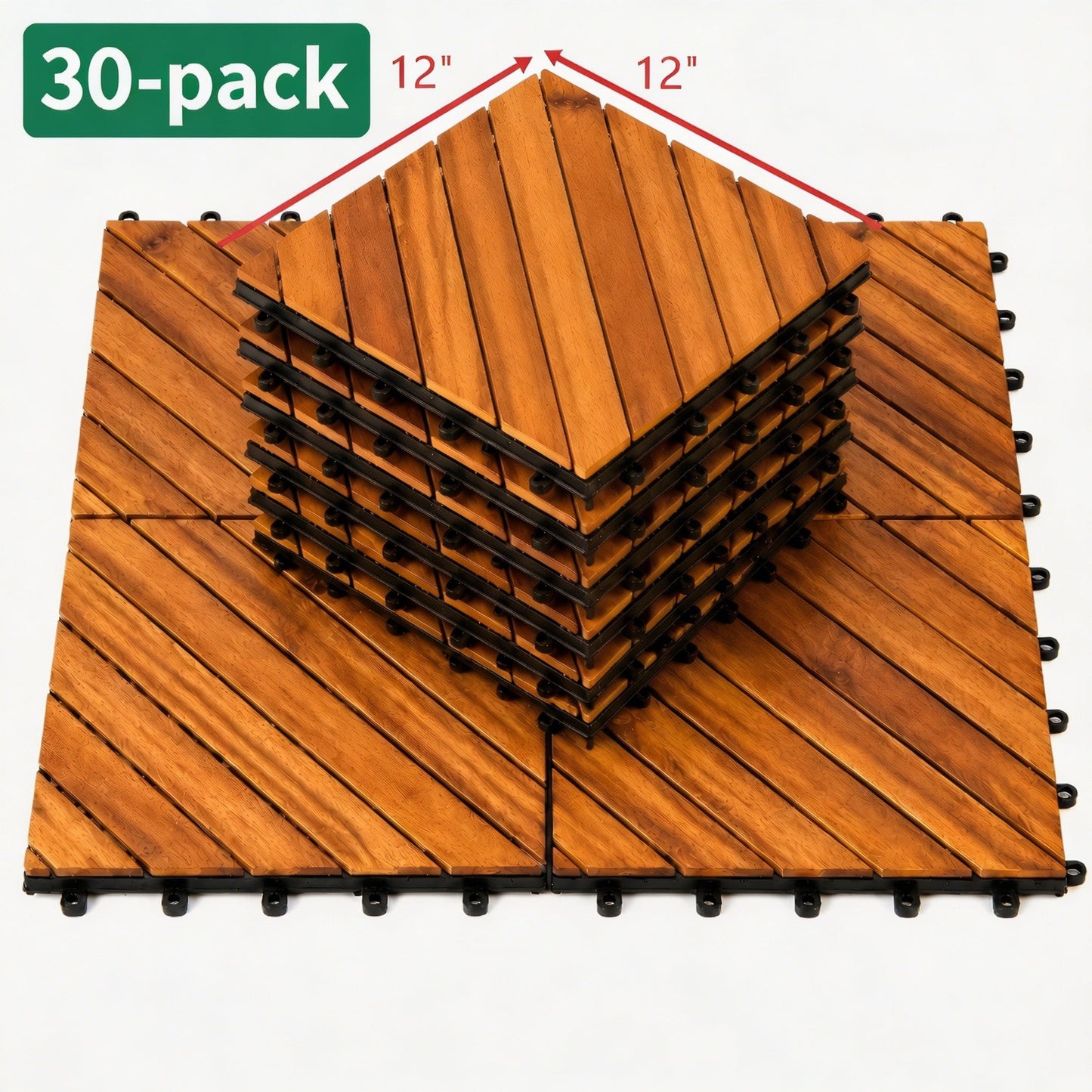 12"x12" Acacia Wood Interlocking Deck Tiles Outdoor Patio Flooring DIY Snap-On 30 Pack