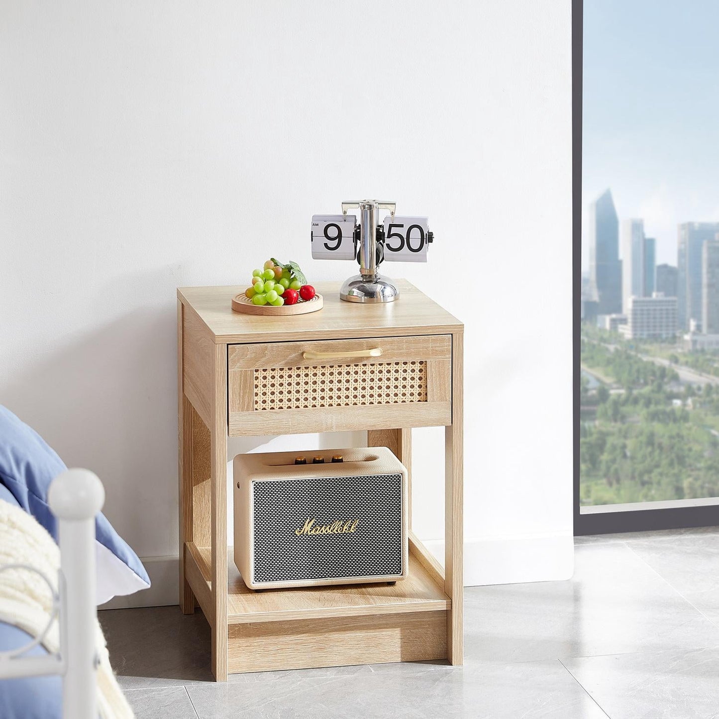 15.75-Inch Rattan End Table with Drawer, Modern Nightstand Bedside Side Table with Storage Drawer, Small Accent Table for Living Room Bedroom, Natural