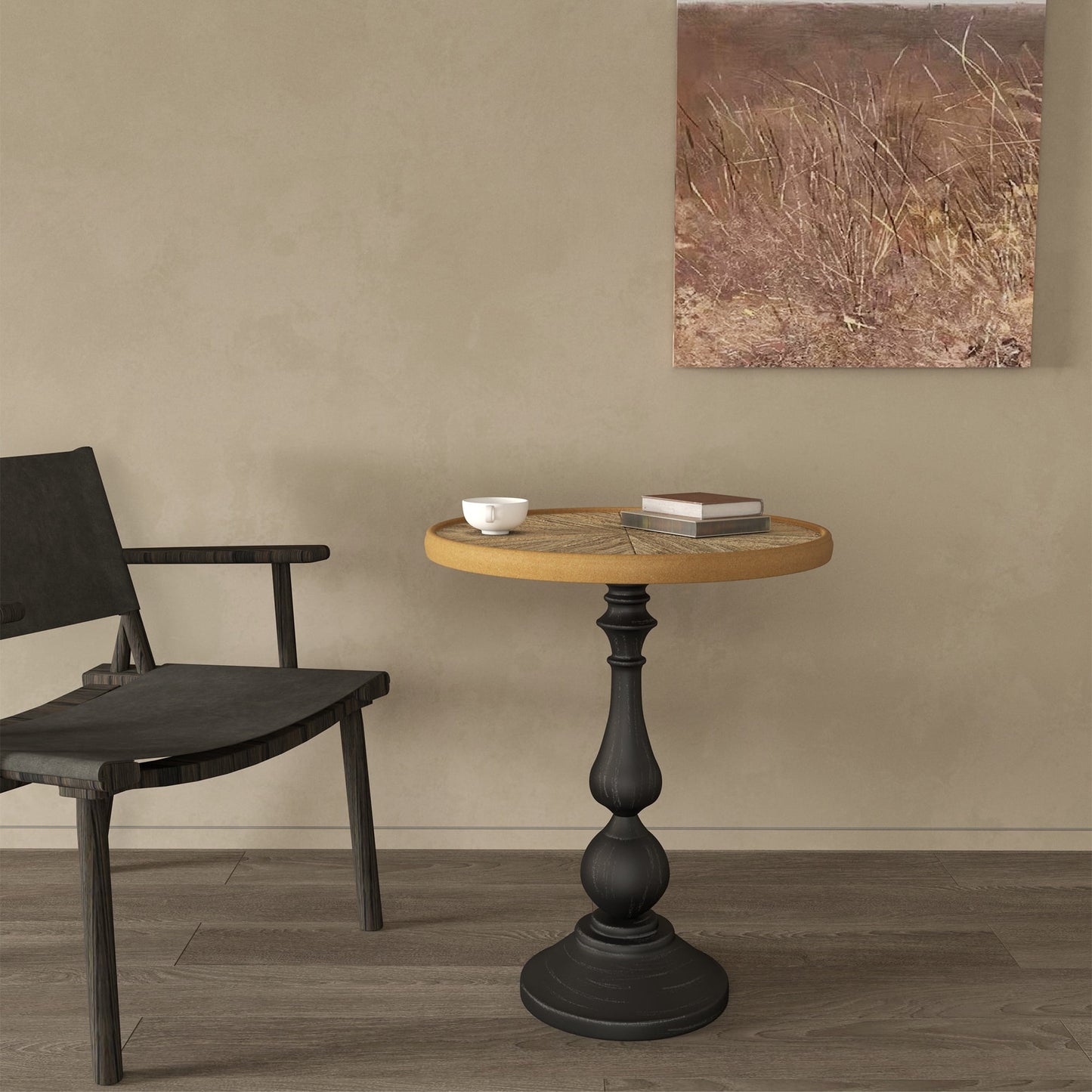 19.9-Inch Round Vintage Side Table with Black Metal Pedestal Base, French Country Accent Coffee Table and End Nightstand for Living Room, Natural Wood