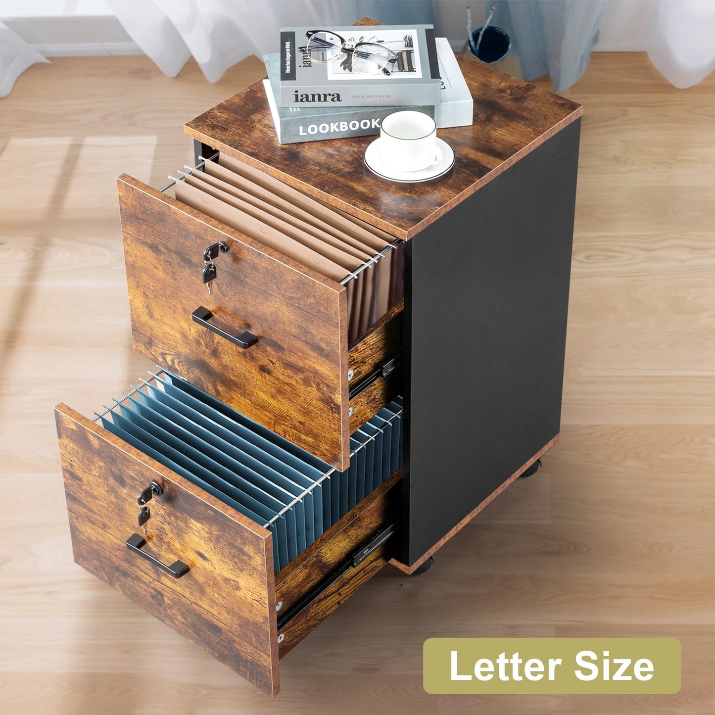 2-Drawer File Cabinet, Mobile Under Desk Storage Cabinet with Lockable Casters, Full Extension Drawer Slides, P2 Wood Office Filing Cabinet for Home Office Kitchen