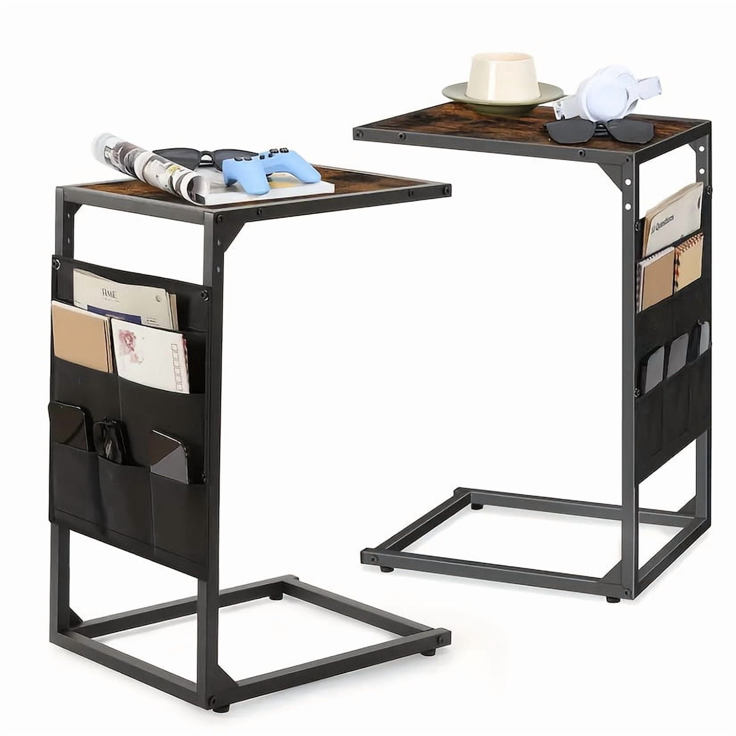 2-Tier C-Shaped Side Table with 7 Storage Pockets Black
