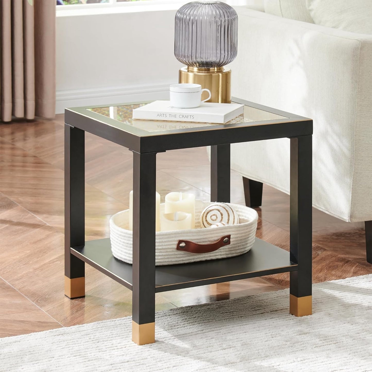 2-Tier Square Tempered Glass End Table with Golden Mesh & Metal Frame, Boho Side Nightstand for Bedroom Living Room Office