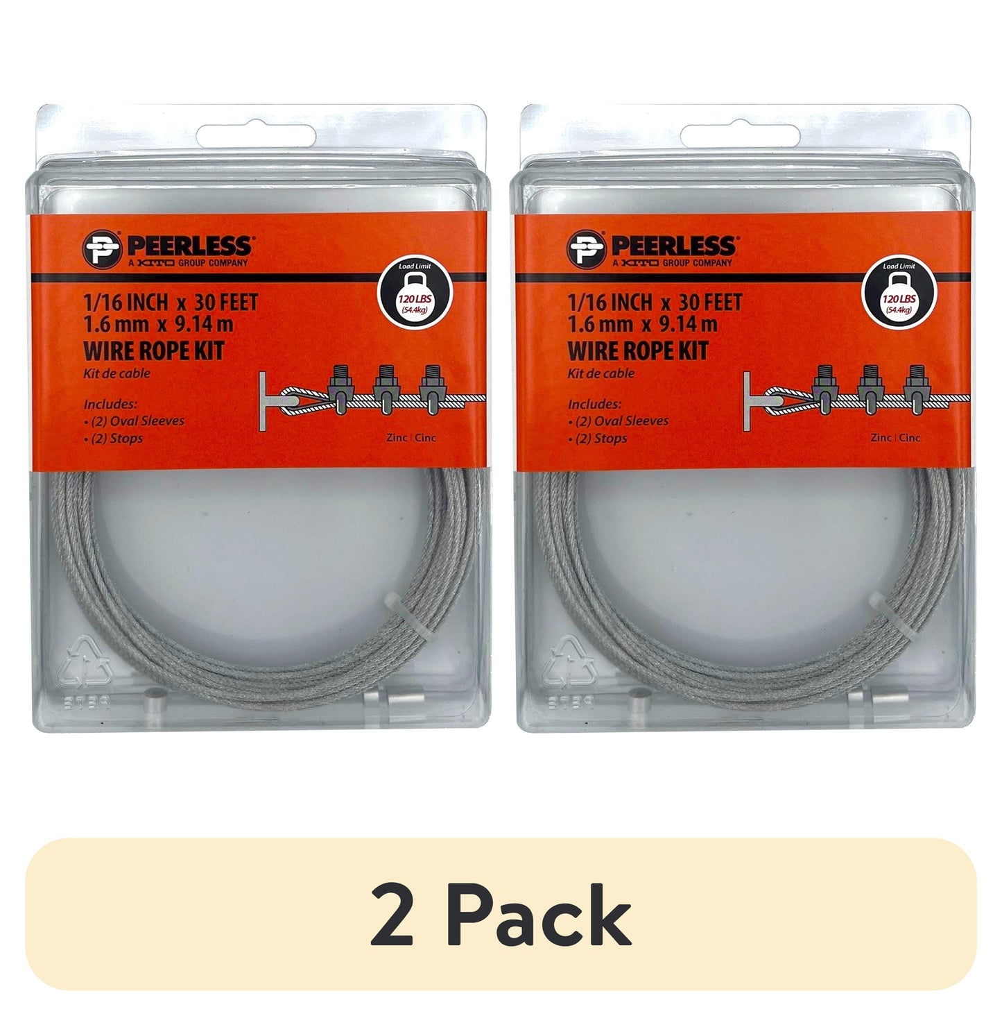 (2 pack) 1/16" Galvanized Wire Rope Kit with Ferrules and Stops, 30', Peerless Chain Company, #4742860