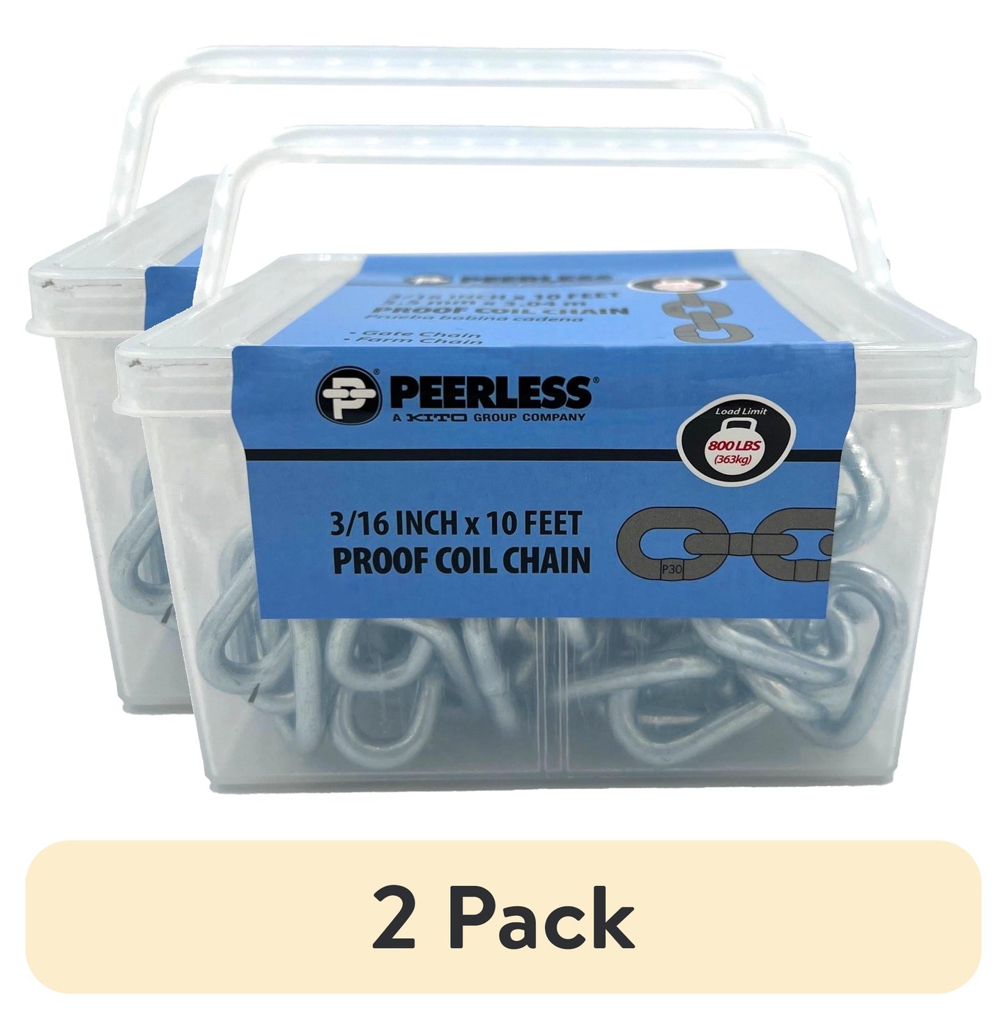 (2 pack) 3/16" Proof Coil Chain, 10', Grade 30, Zinc, Peerless Chain Company, #4851010