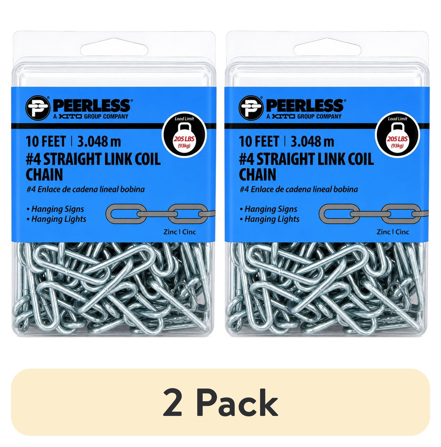 (2 pack) #4 Straight Link Coil Chain, 10', Zinc, Peerless Chain Company, #4820535