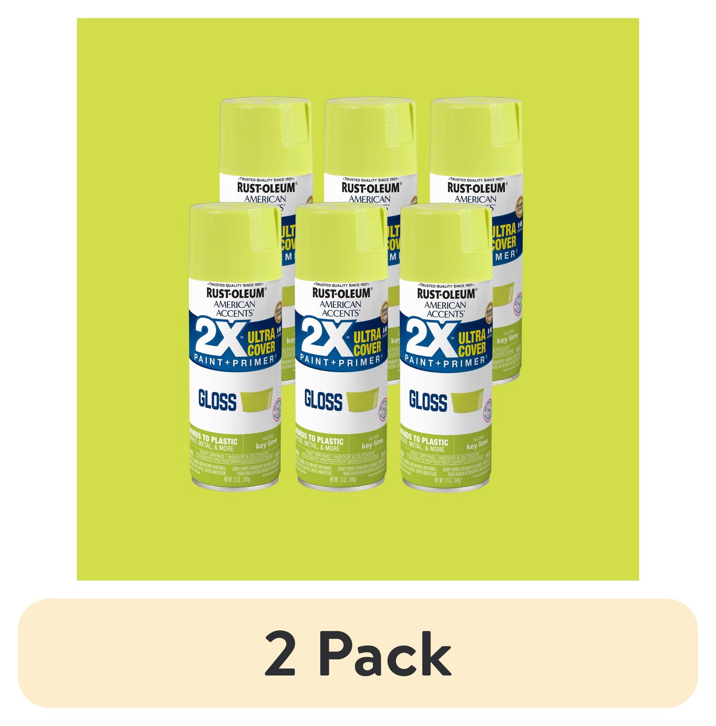 (2 pack) 6 Pack, Almond Rust-Oleum American Accents 2X Ultra Cover Gloss Spray Paint-327891, 12 oz