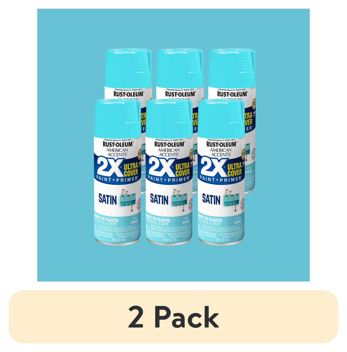 (2 pack) 6 Pack, Aqua Rust-Oleum American Accents 2X Ultra Cover Satin Spray Paint-327915, 12 oz