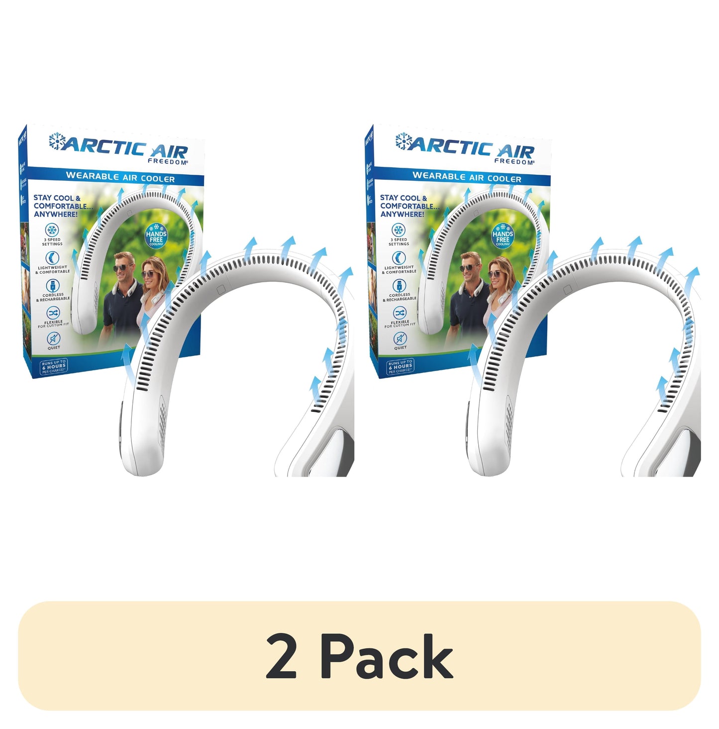 (2 pack) Arctic Air Freedom Neck Cooler, Portable Neck Fan with 3 Fan Speeds, USB Charging, 6-Hour Battery