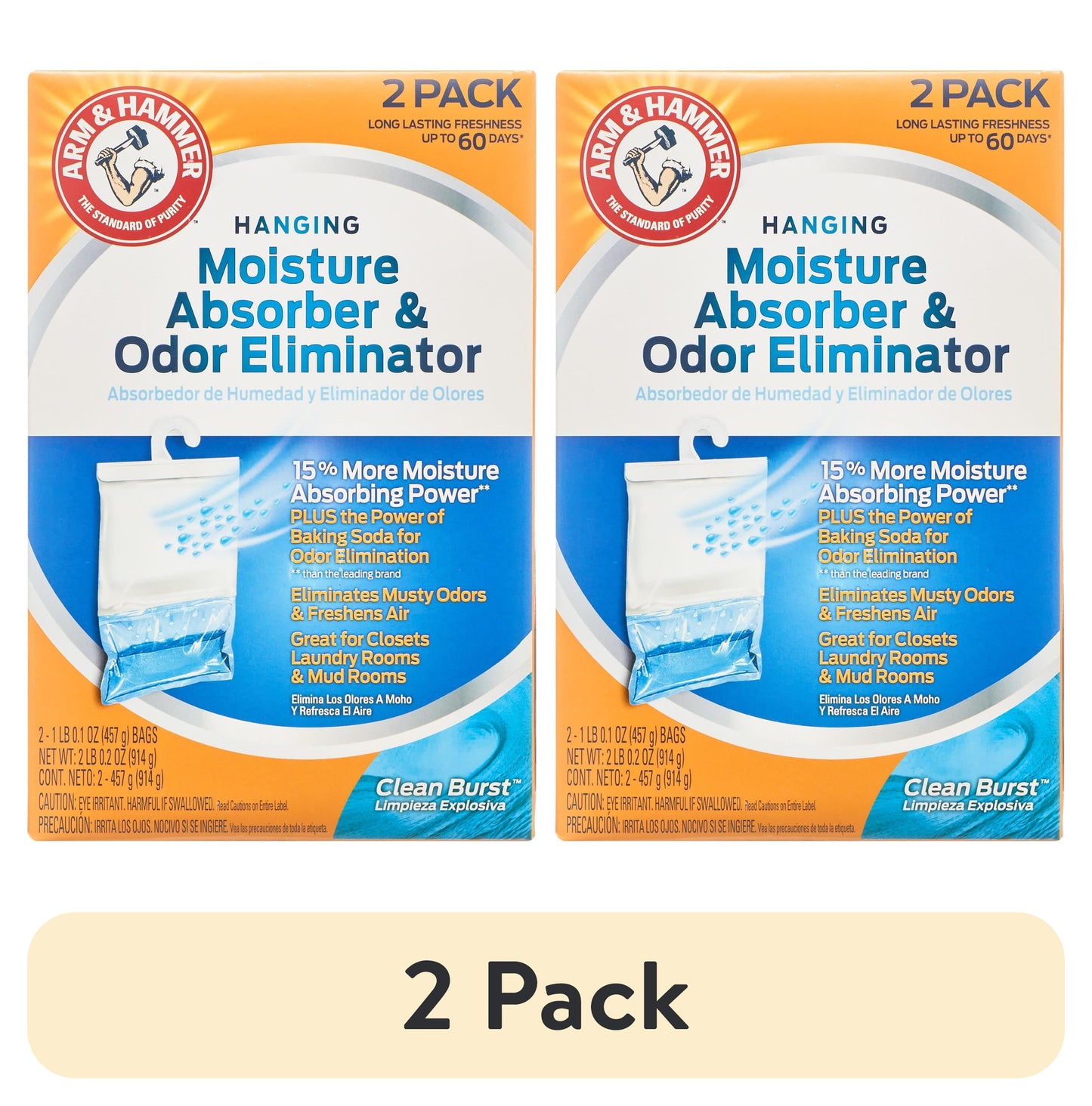 (2 pack) Arm & Hammer Bolsa Colgante Absorbente de Humedad - 16 oz, Bolsa de 2, Clean Burst