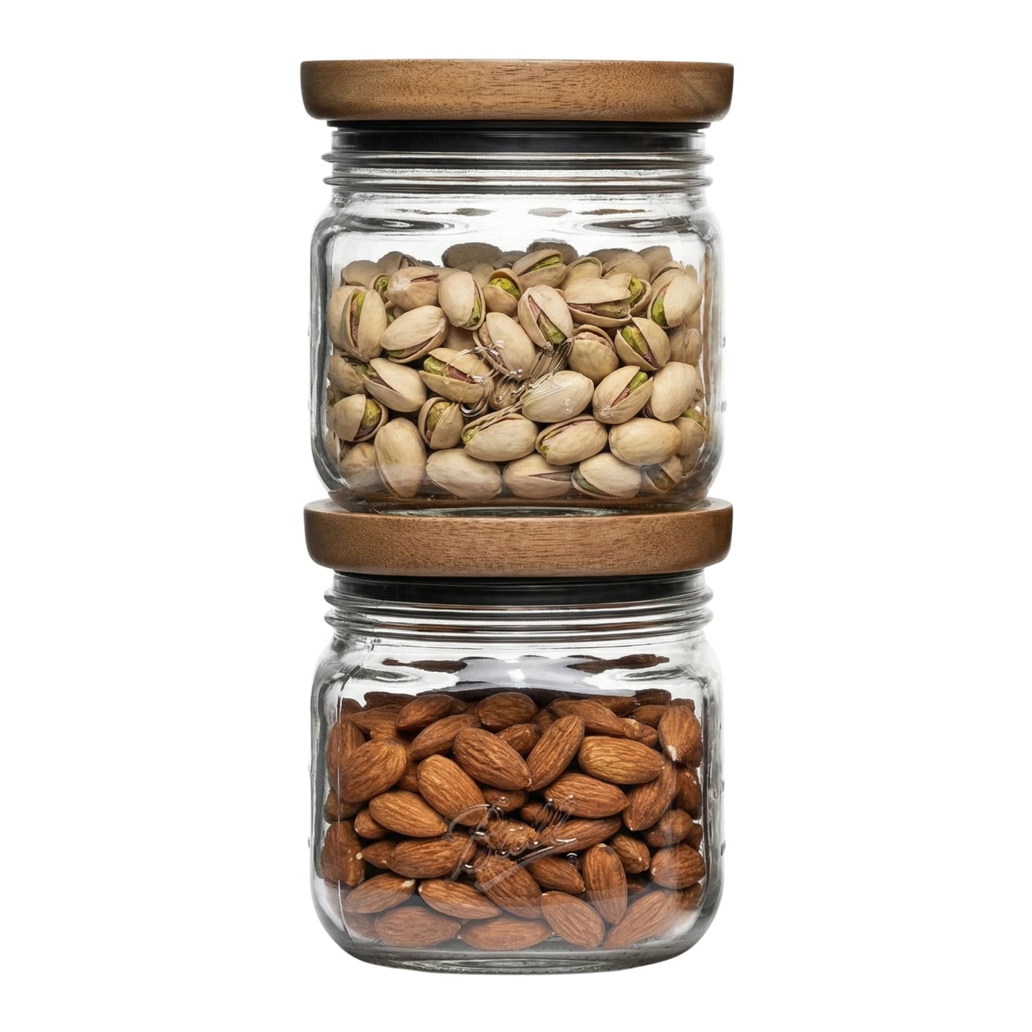 (2 pack) Ball 4 Cup Stack & Store Glass Jar with Acacia Wood Lid – Airtight Wide Mouth Glass Storage Container for Pantry, Kitchen, and Countertop Organization