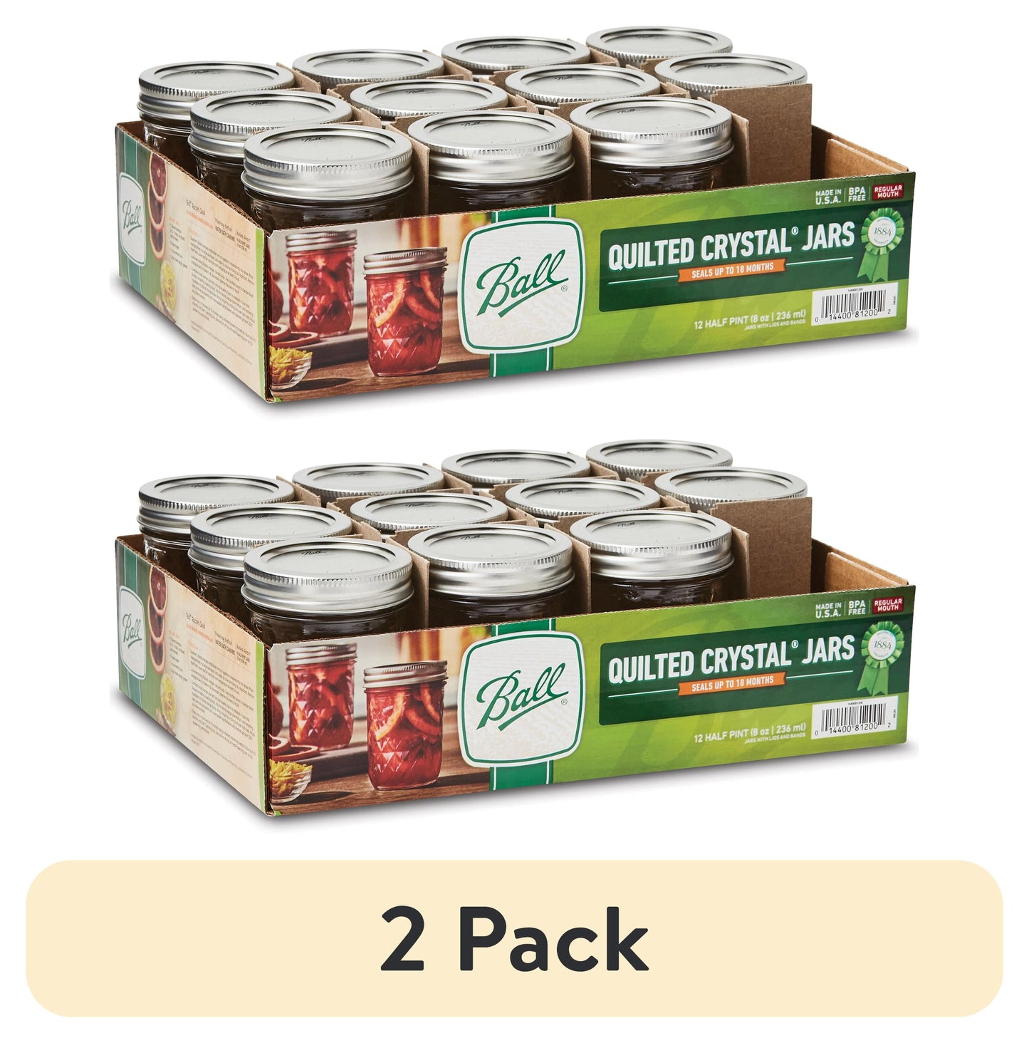 (2 pack) Ball Quilted Crystal Mason Jar w/ Lid & Band, Regular Mouth, 8 Ounces, 12 Count, 4 lb.