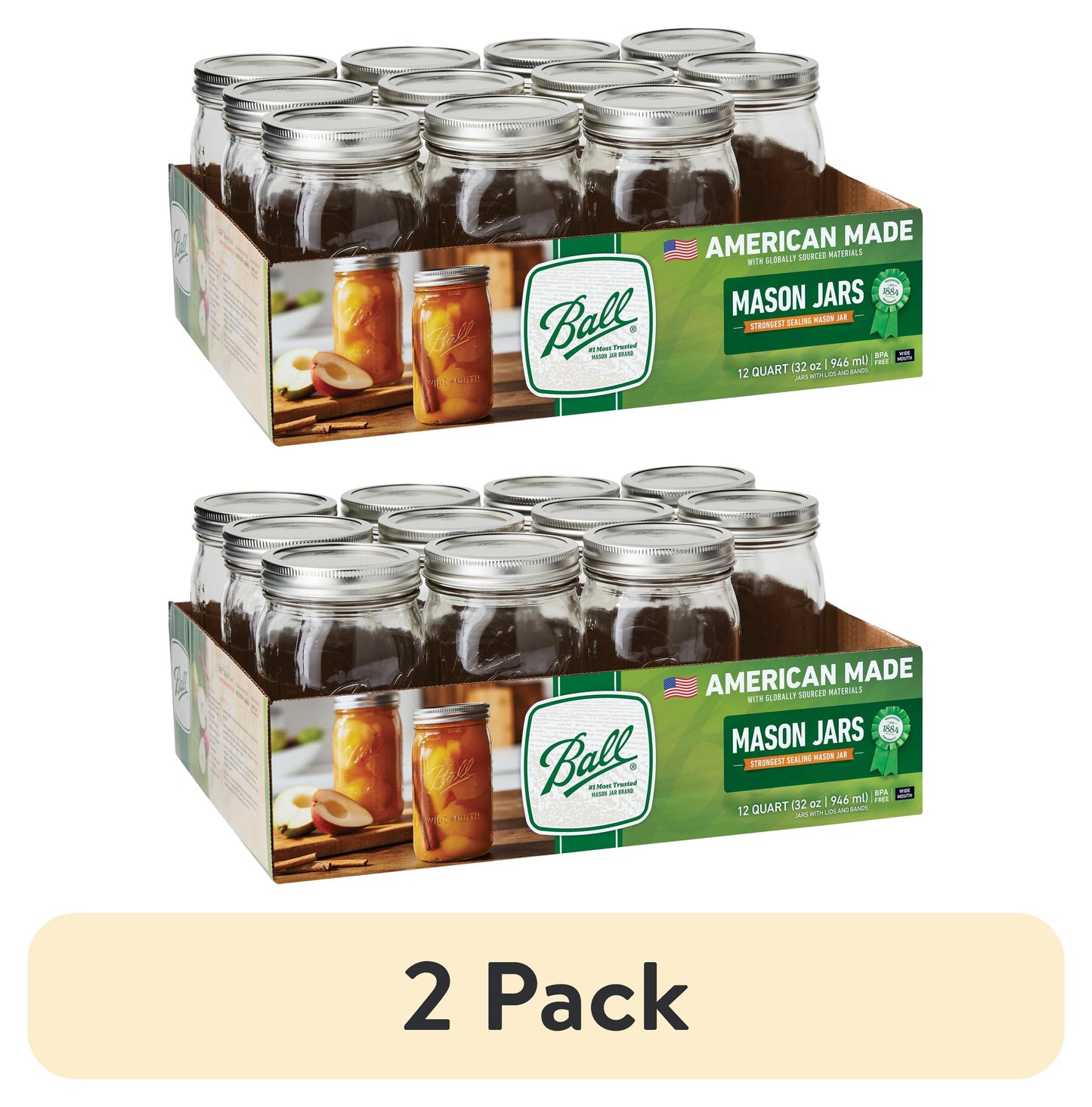 (2 pack) BallWide Mouth Quart 32oz. Glass Mason Jars with Lids and Bands, 12 Count