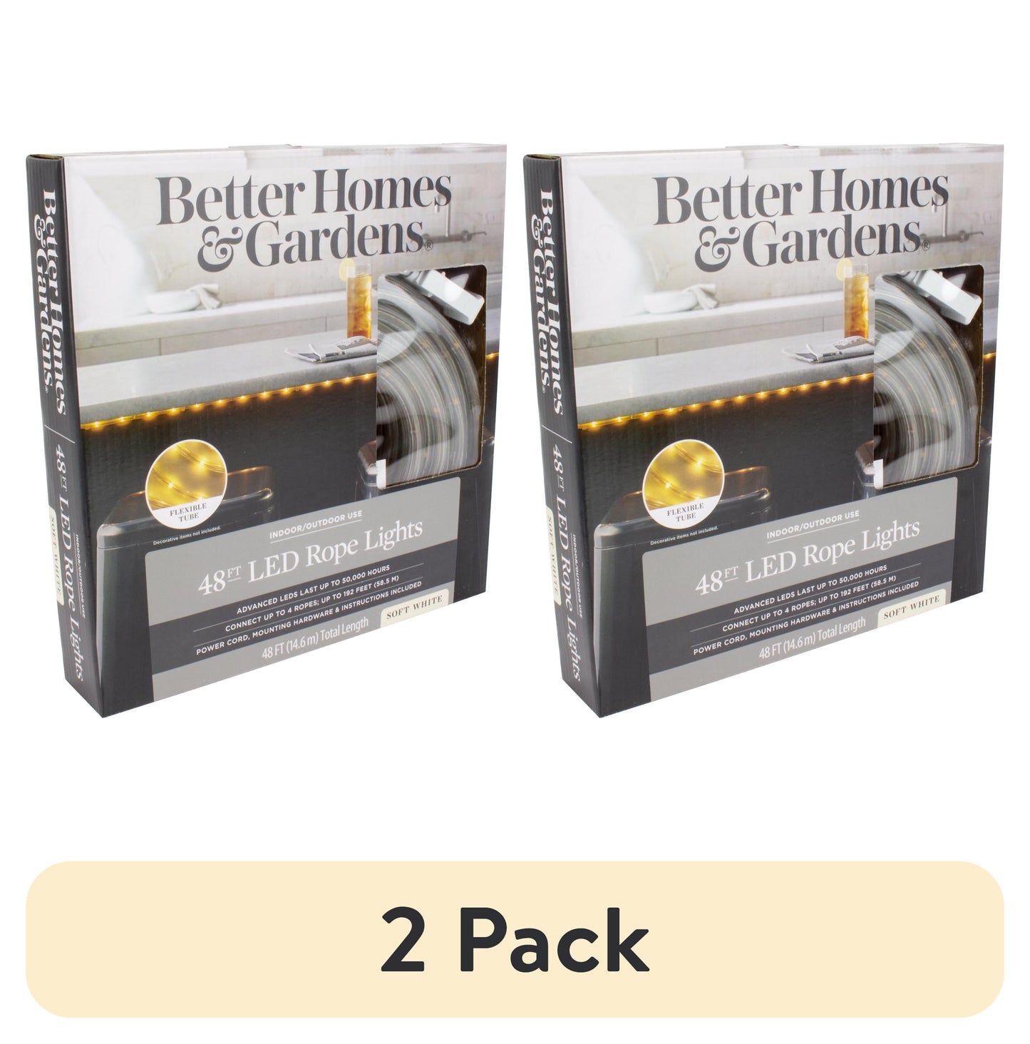(2 pack) Better Homes & Gardens 48' 21.6W Soft White LED Plug-in Rope Light (1 Pack)