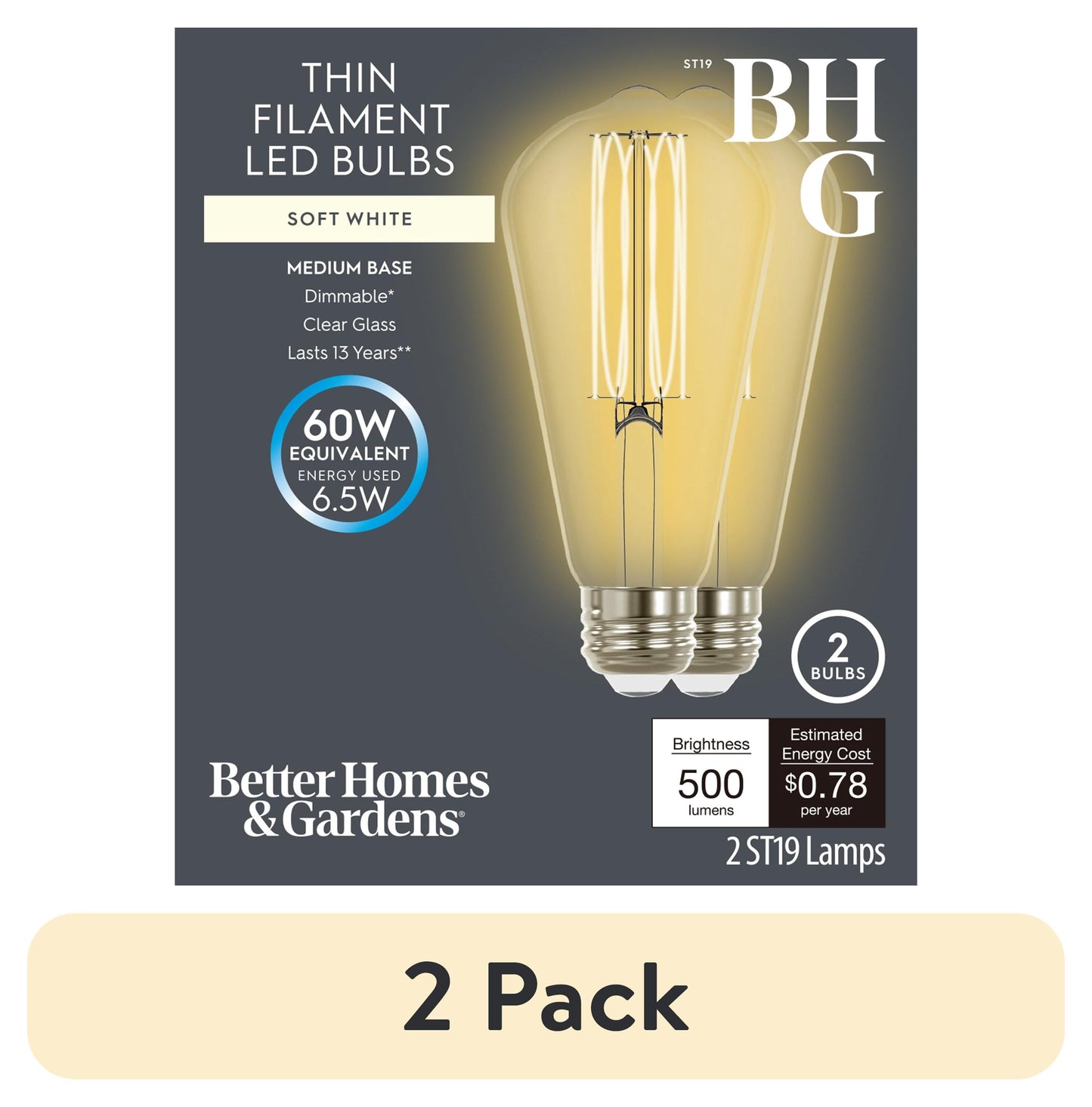 (2 pack) Better Homes & Gardens 6.5W (60W Equivalent) Soft White Dimmable ST19 Thin Filament Light Bulb E26 Base 2 Pack