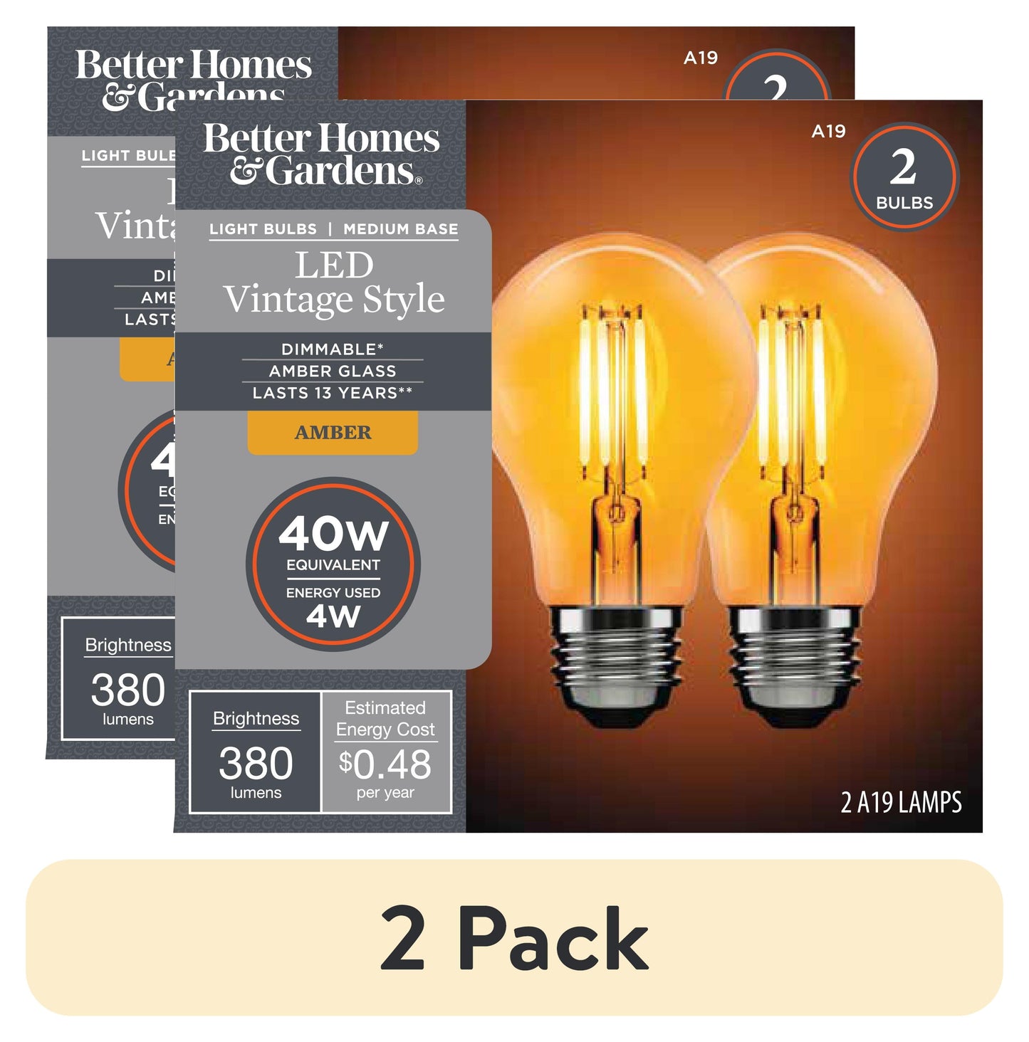 (2 pack) Better Homes & Gardens A19 Vintage LED Amber Light Bulb, 40W Eqv, Dim, E26, Amber Finish - 2 Pk