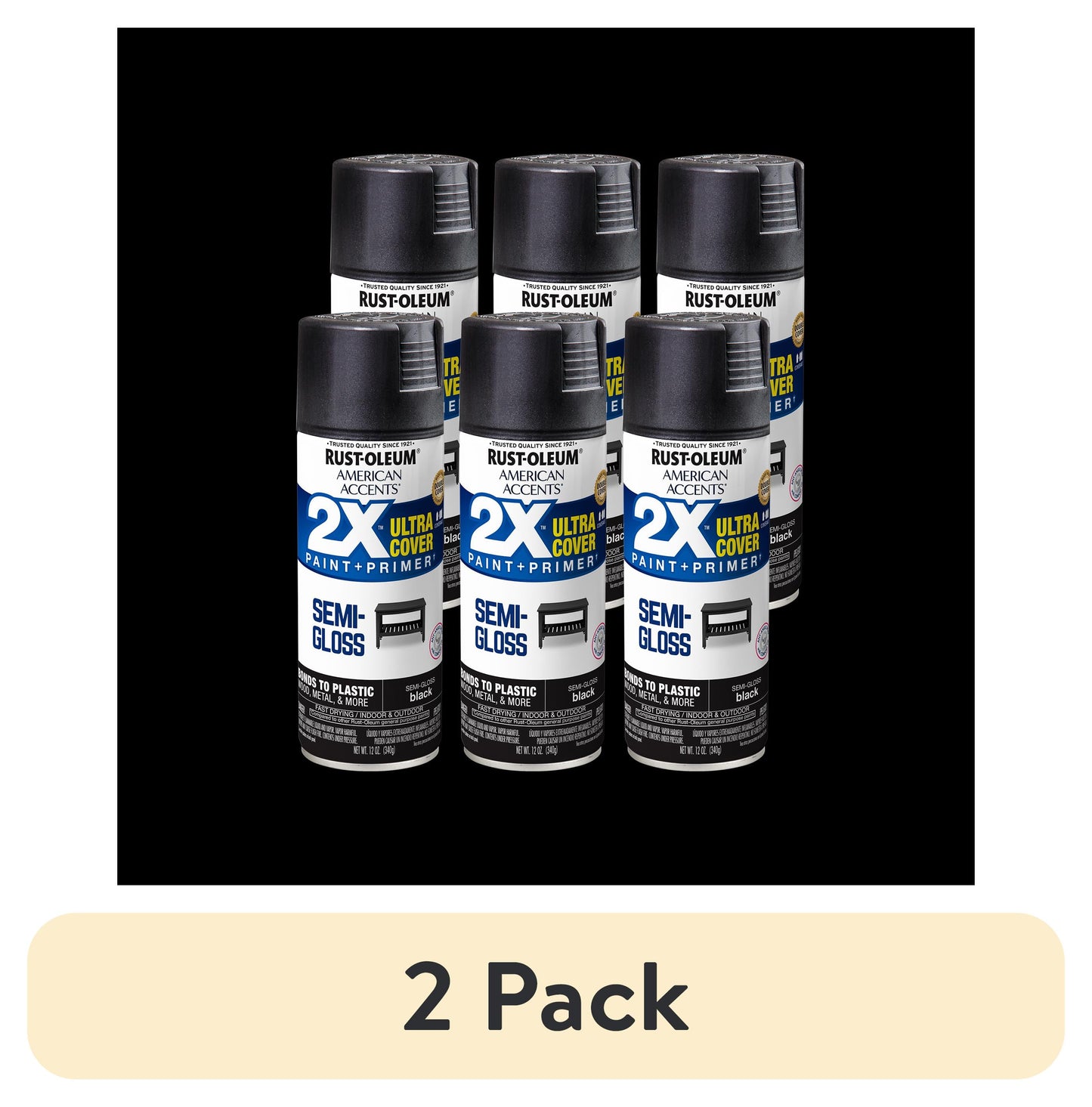 (2 pack) 6 Pack, Black Rust-Oleum American Accents 2X Ultra Cover Semi-Gloss Spray Paint-327950, 12 oz