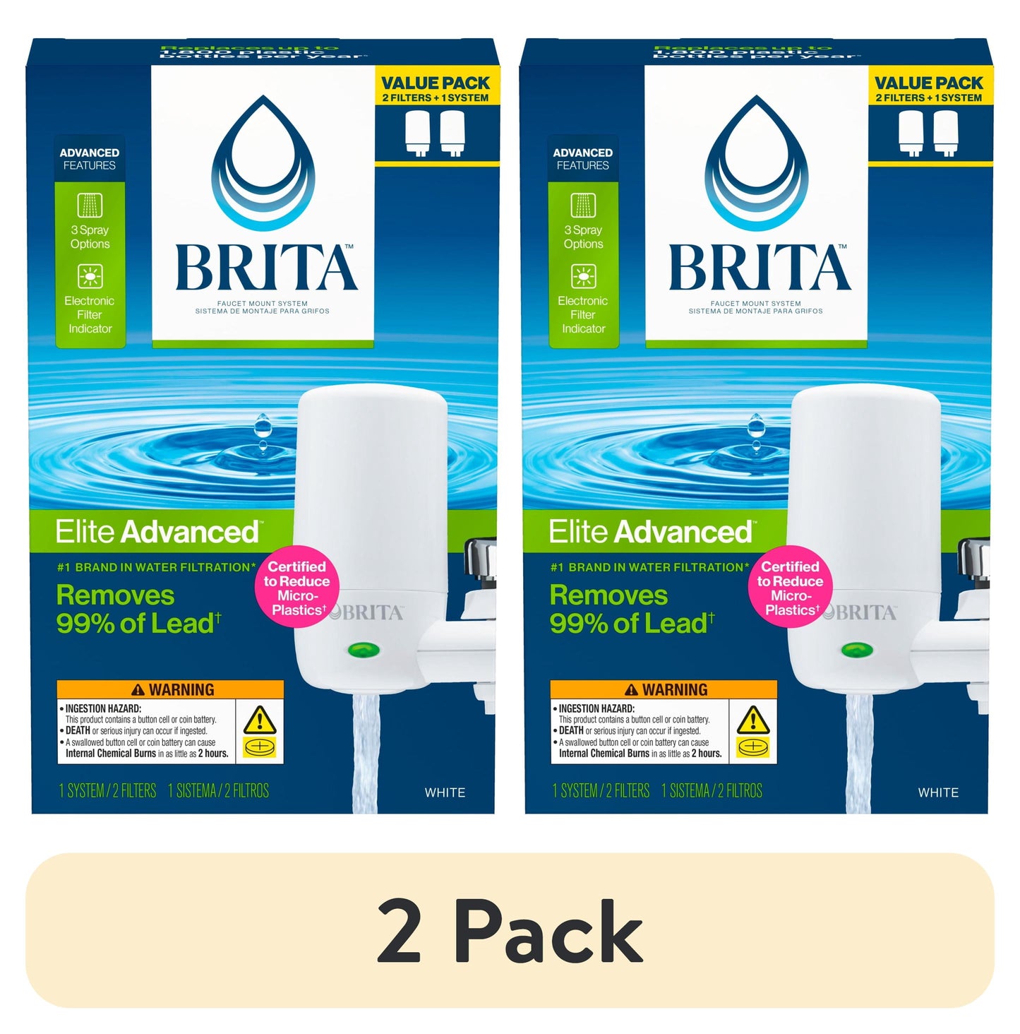 (2 pack) Brita Elite Water Faucet Filtration Mount System, Fits Standard Faucets, White, Includes 2 Filters