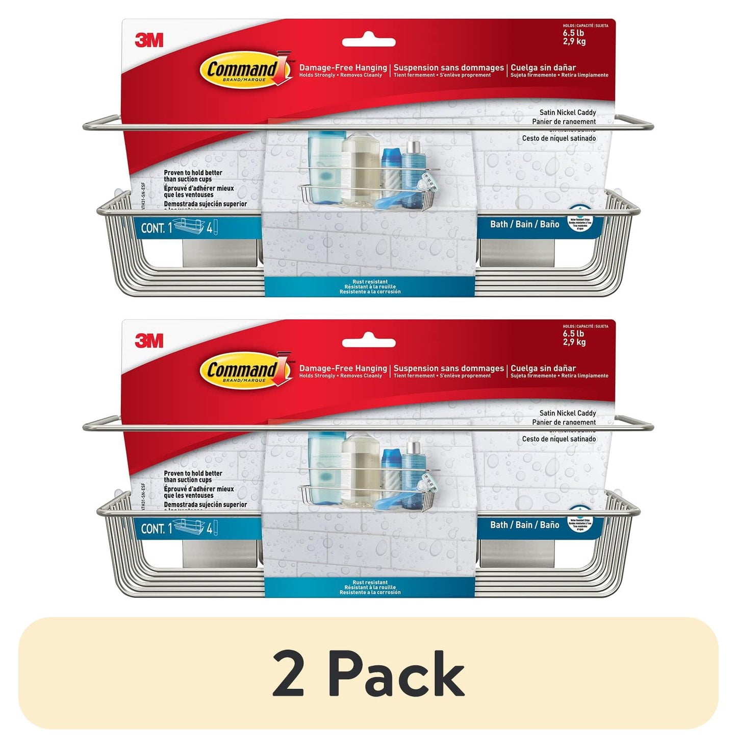 (2 pack) Command Bath Shower Caddy, Satin Nickel, 1 Caddy, 4 Water Resistant Strips, Bathroom Organization