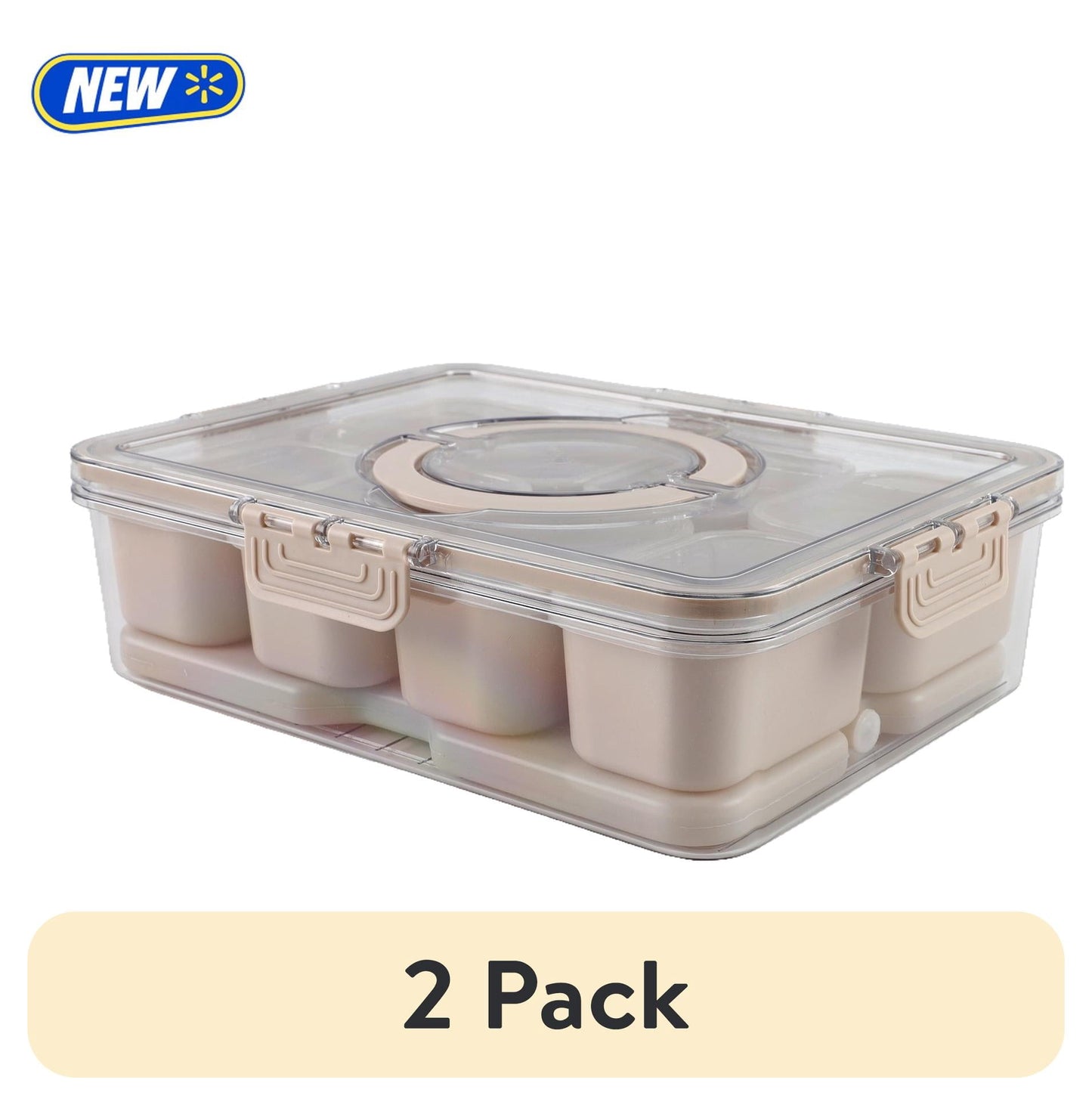 (2 pack) Cook with Color Taupe Leak-Proof 8-Compartment Snack Food Storage Container, Divided Serving Tray with Lids and Handle, Portable and Dishwasher Safe with Ice Packs