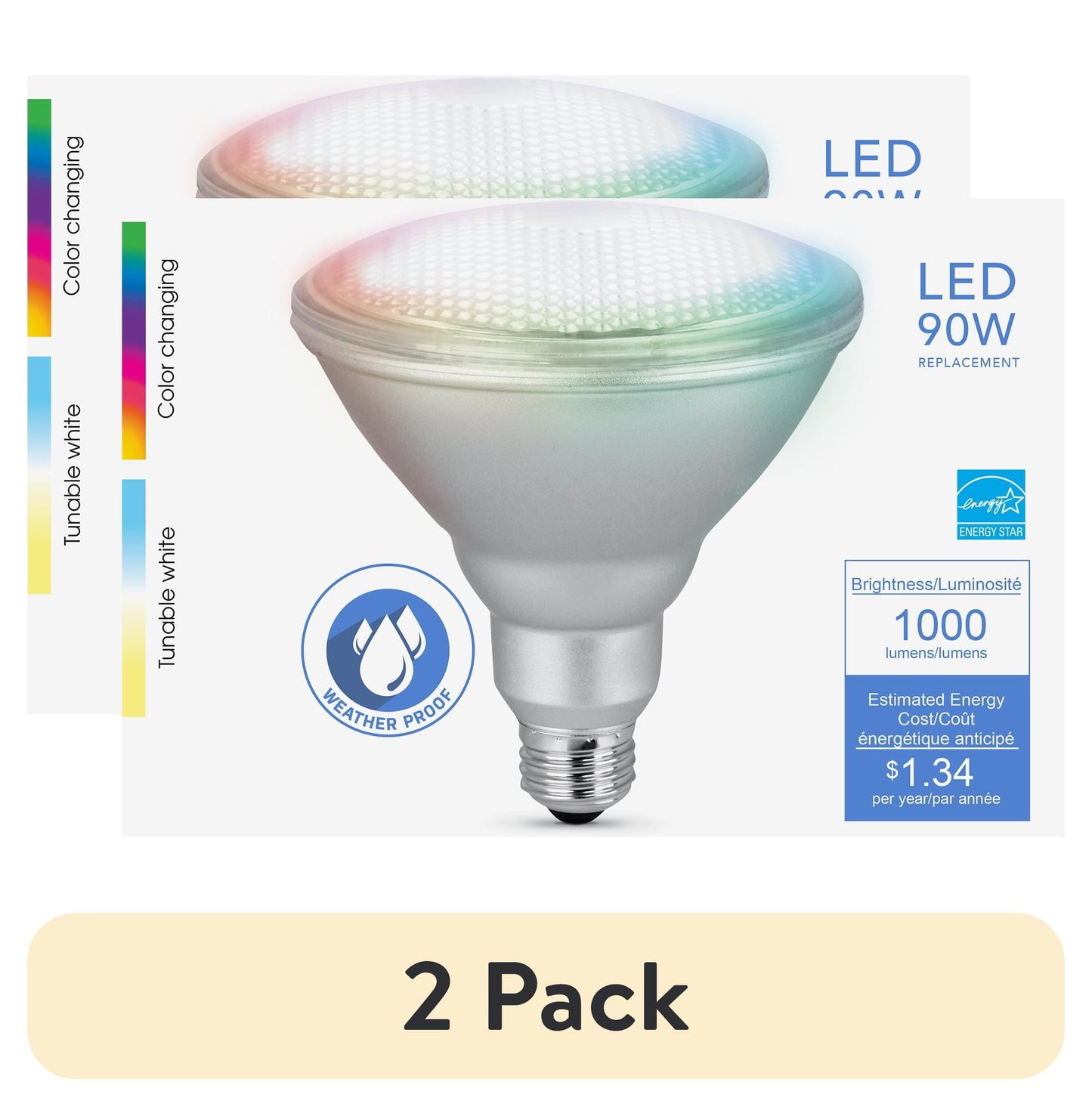 (2 pack) Feit Electric Smart LED Bulb 11.1W (90W Equivalent) Color Changing, PAR38, Medium (E26) Base, Dimmable Light Bulb, 1Pk