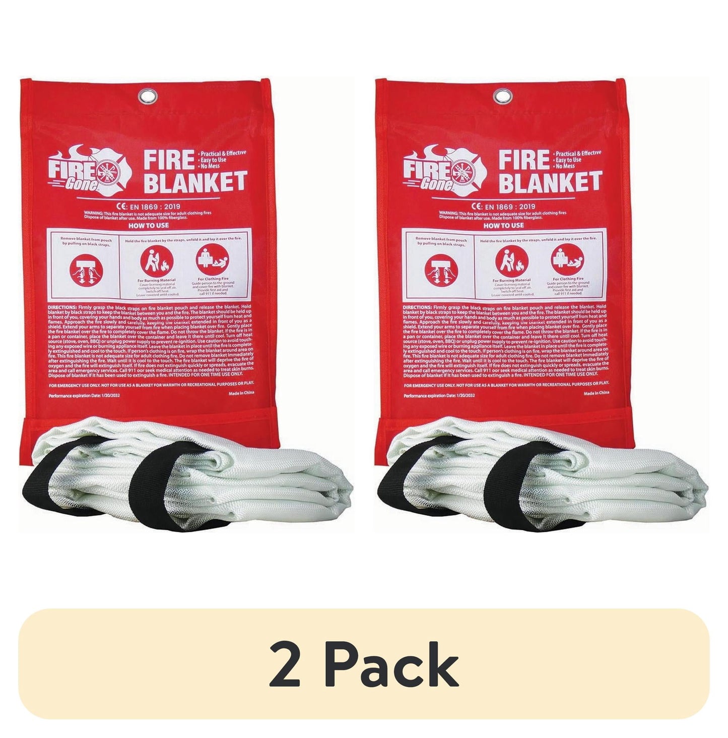 (2 pack) Fire Gone Premium Emergency Fire Blanket - Safety for Kitchen, Home & BBQ -Made from 100% Flame Resistant Fiberglass -1 pack - 39.3" x 39.3"