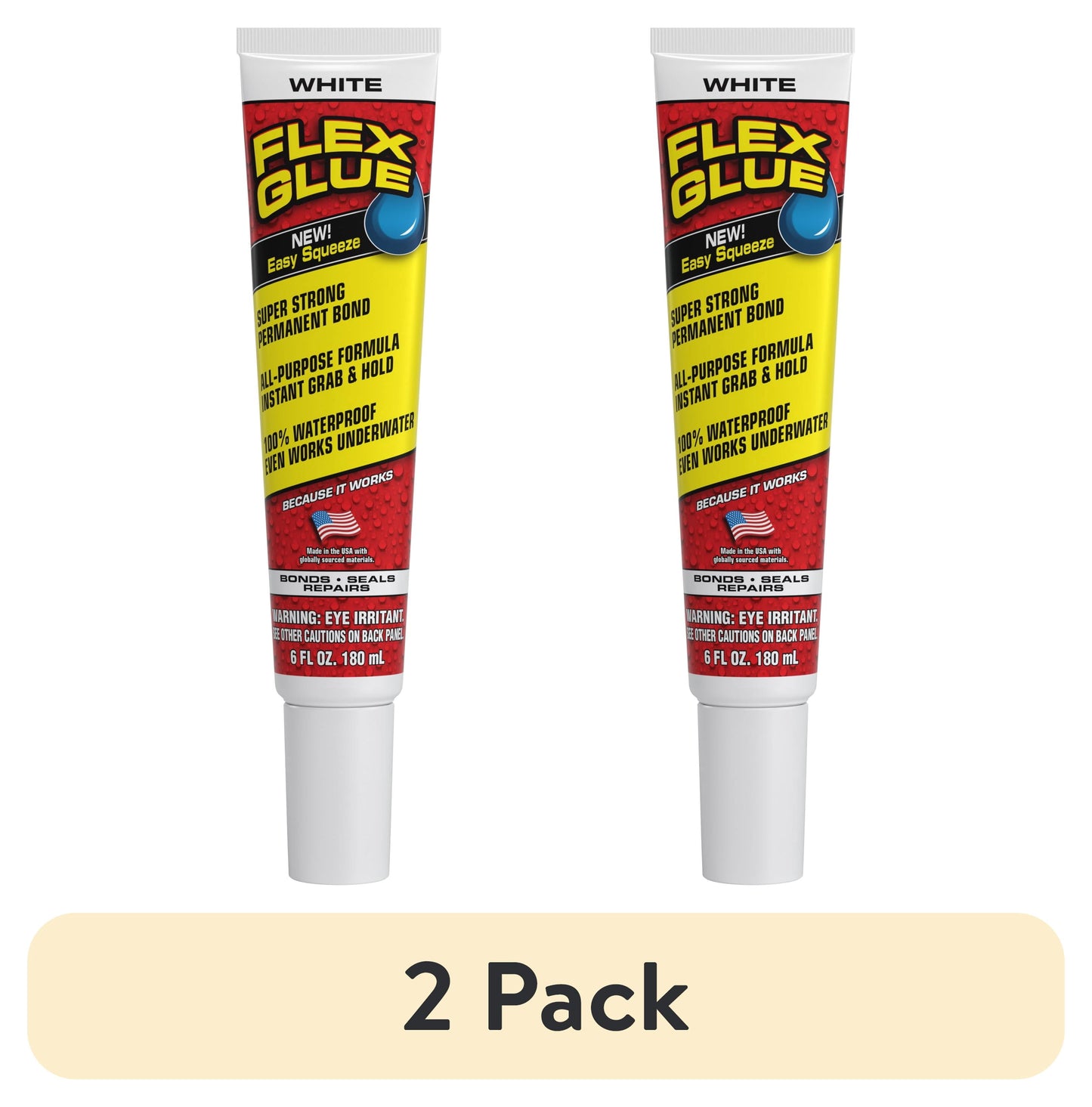 (2 pack) Flex Glue Strong Rubberized Waterproof Adhesive, 6 oz, White