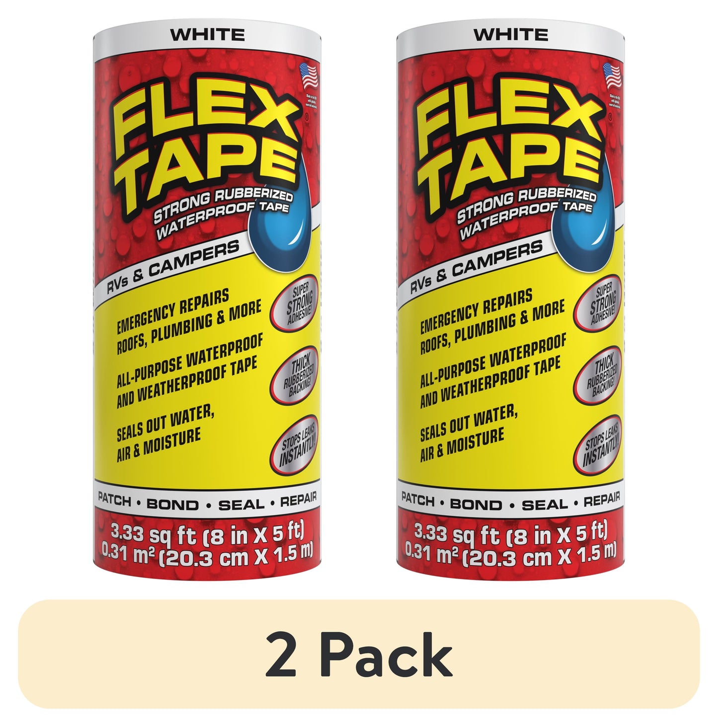 (2 pack) Flex Tape Rubberized Waterproof Tape - Ideal for RVs, Boats, and Home Repairs - 8 in x 5 ft, White