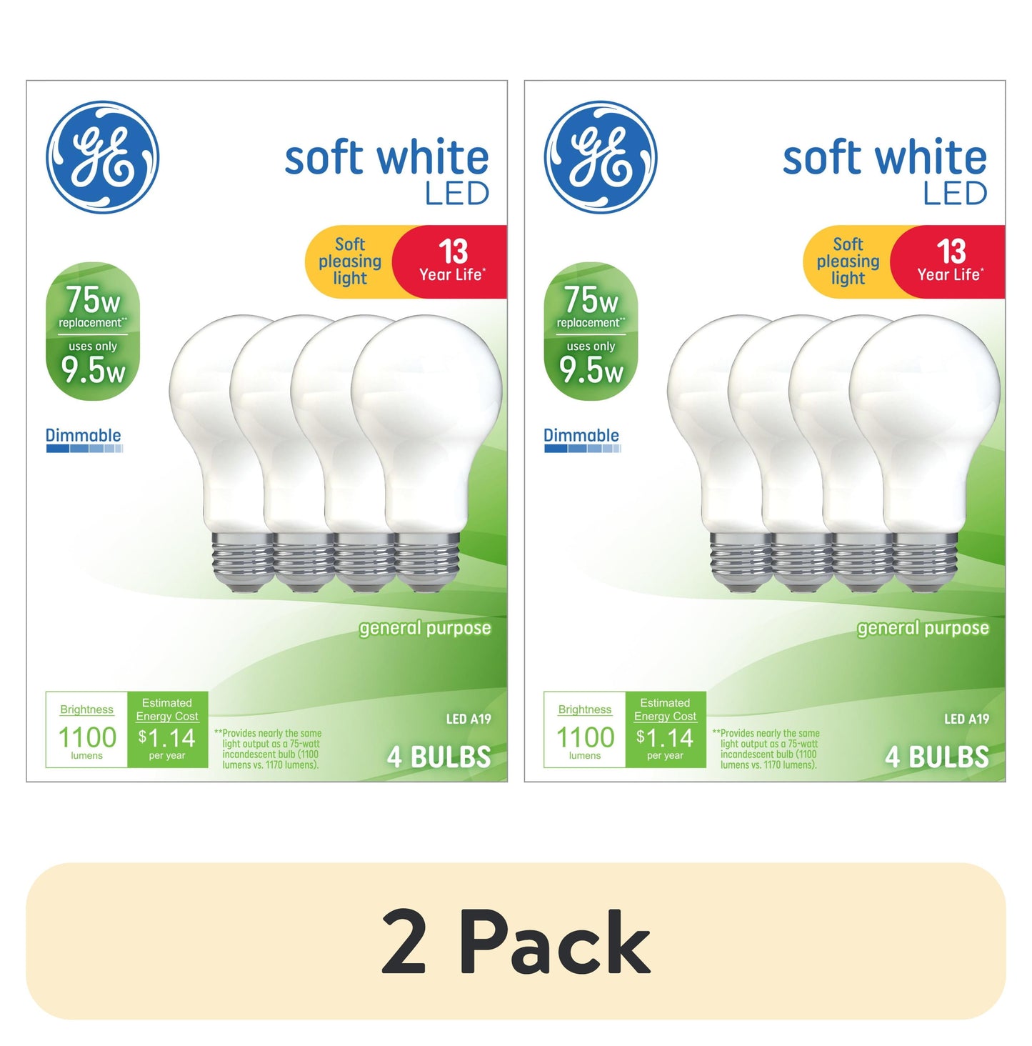 (2 pack) GE LED Light Bulbs, 75 Watt, Soft White, A19 Bulbs, Medium Base, Frosted Finish, 13yr, 4pk