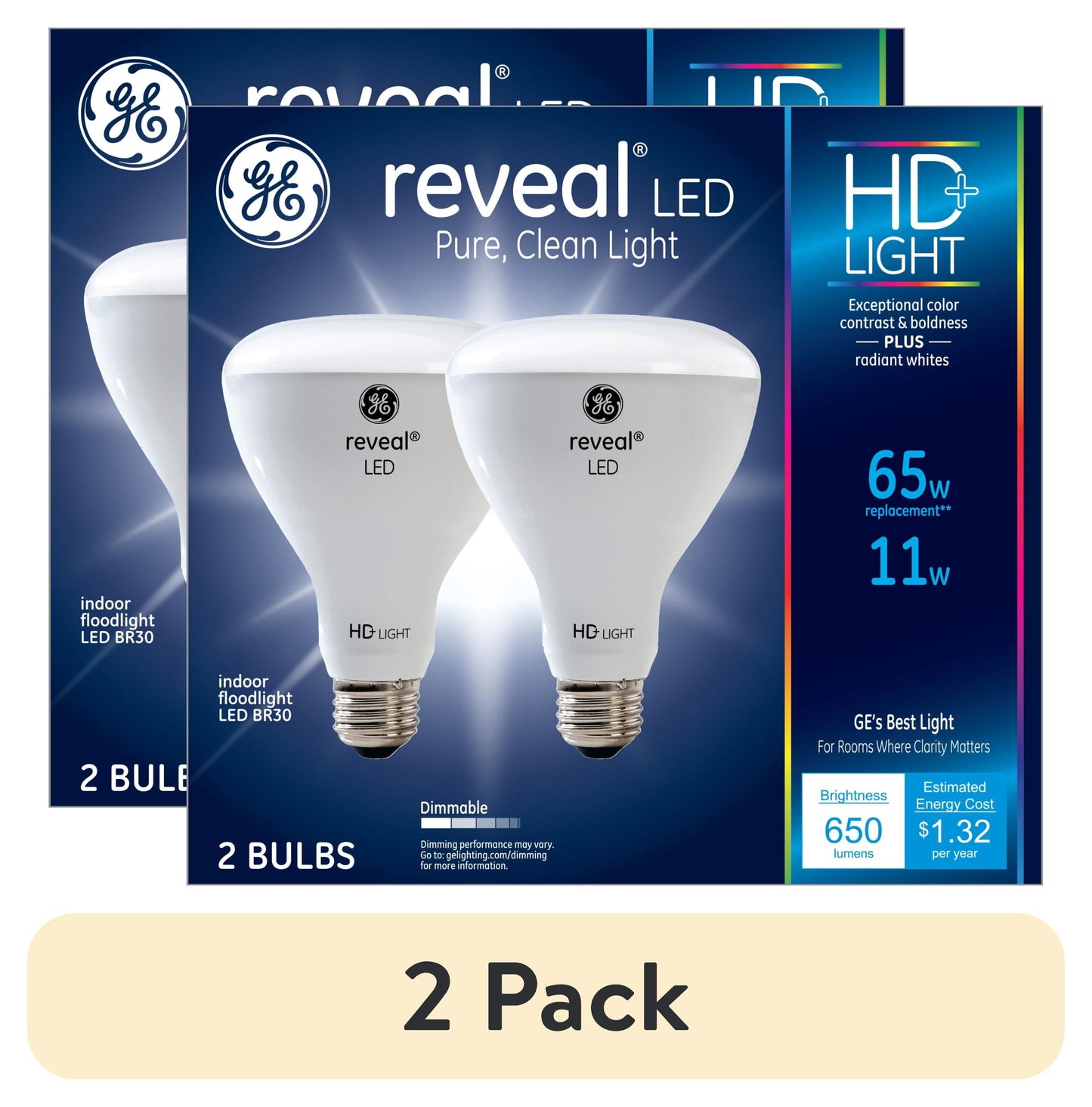 (2 pack) GE Reveal HD+ LED Light Bulbs, 65 Watt, BR30 Floodlights, Medium Base, 2pk