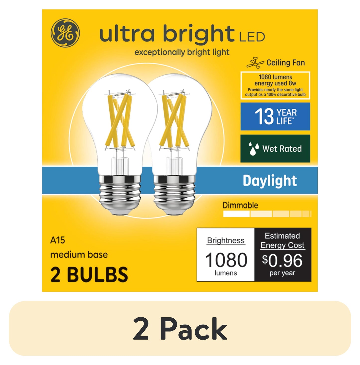(2 pack) GE Ultra Bright LED 100 Watt Replacement, Daylight, A15 Ceiling Fan Bulbs (2 Pack)
