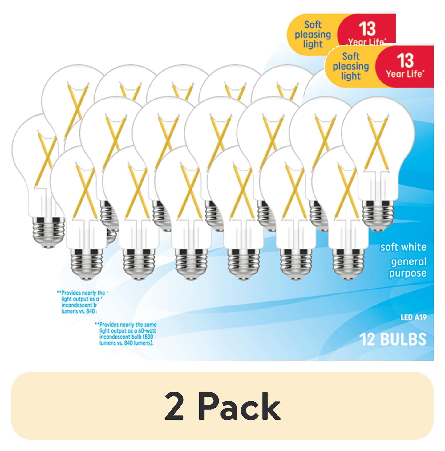 (2 pack) GE LED Light Bulbs, 60 Watt Replacement, Soft White, A19 General Purpose Bulbs, 12pk