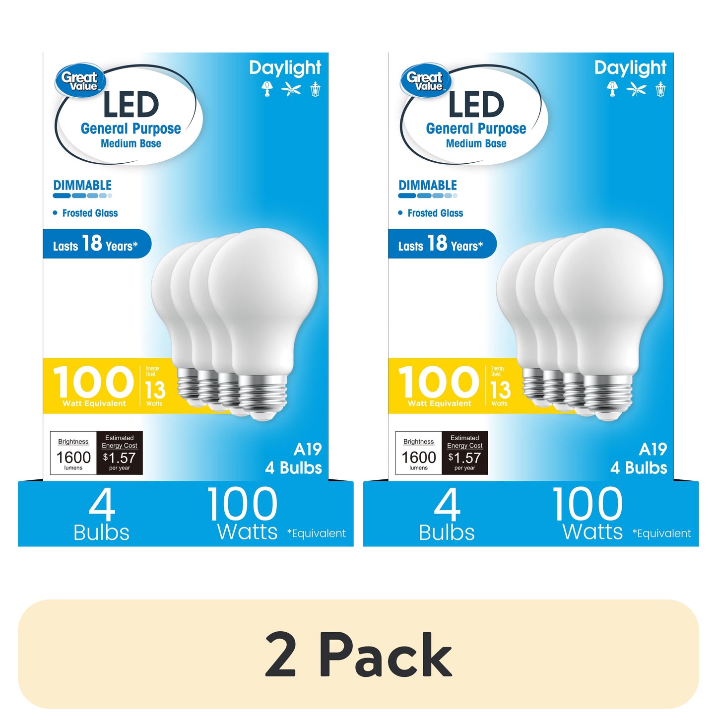 (2 pack) Great Value A19 LED 13W (100W Equivalent) Daylight E26 Medium Base General Purpose Light Bulbs, Dimmable, 4 Pack