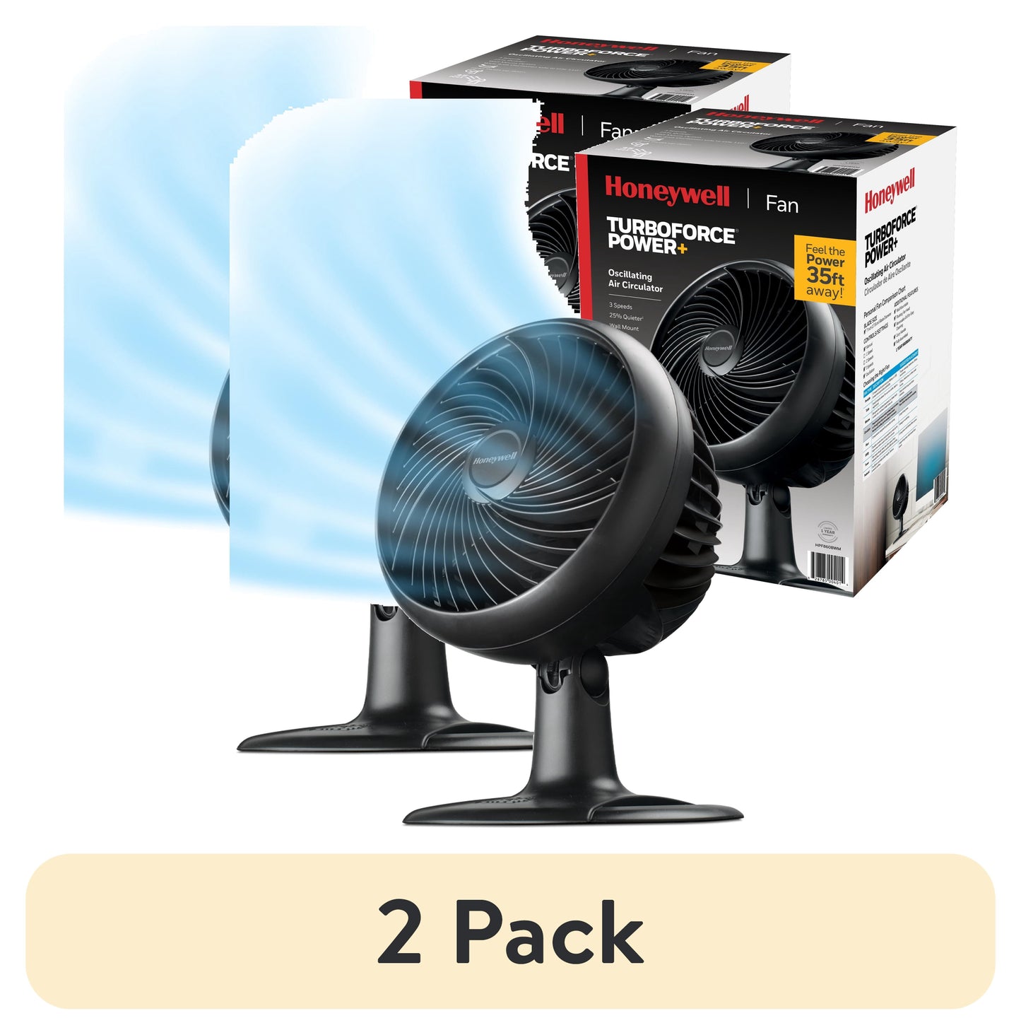 (2 pack) Honeywell 10" Black Turbo Force Power Oscillating Table Fan, 35ft Air Circulation Power, 3 Speed, 45° Pivot, HPF860BWM