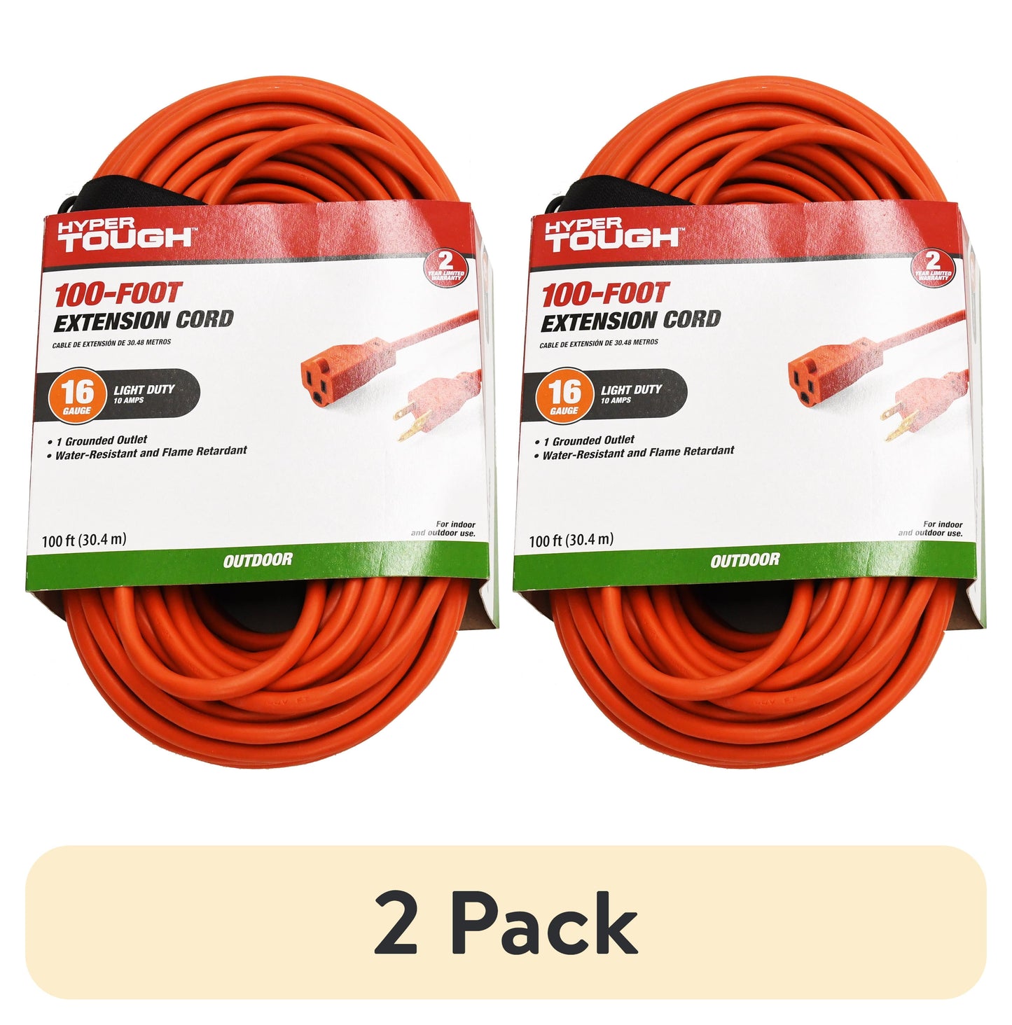 (2 pack) Hyper Tough 16AWGX3C 100ft para Interiores y Exteriores Cable de Extensión de Vinilo Naranja de Uso Ligero