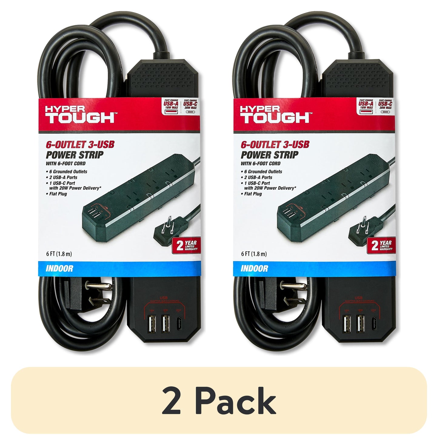 (2 pack) Hyper Tough 6-Outlet 3-USB Indoor Power Strip, Black, 6' Cord, 15 amps