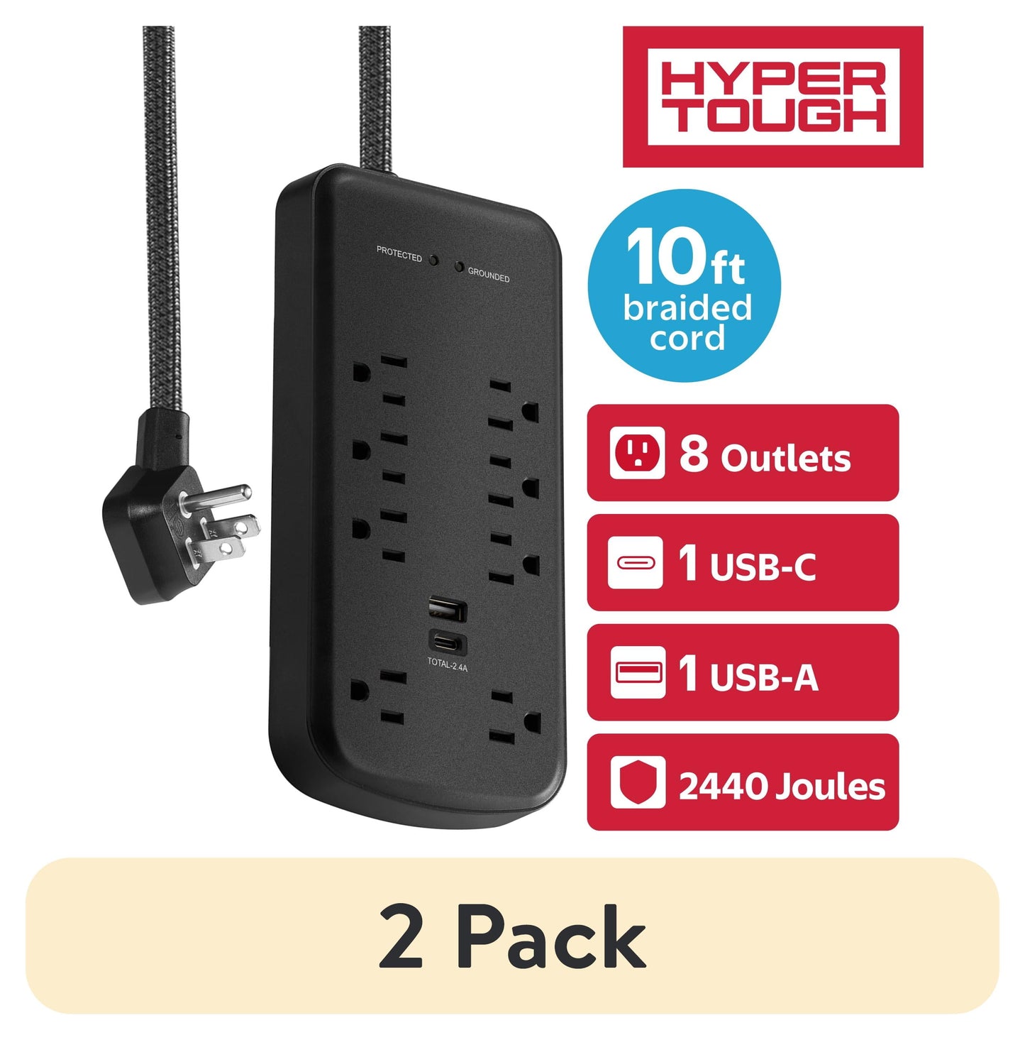 (2 pack) Hyper Tough Surge Protector Power Strip with USB-A, USB-C, 8 Outlets, 10ft Extension Cord, Black