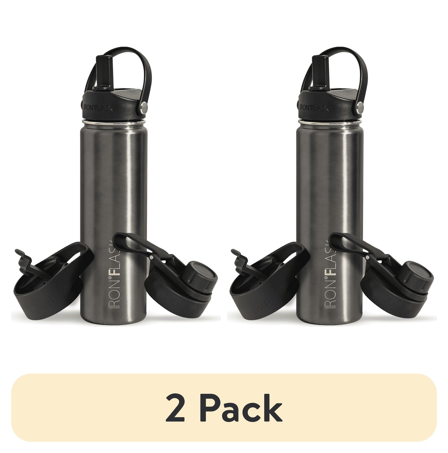 (2 pack) Iron Flask Stainless Steel Water Bottle 22 oz Metallic Black with 3 Lids