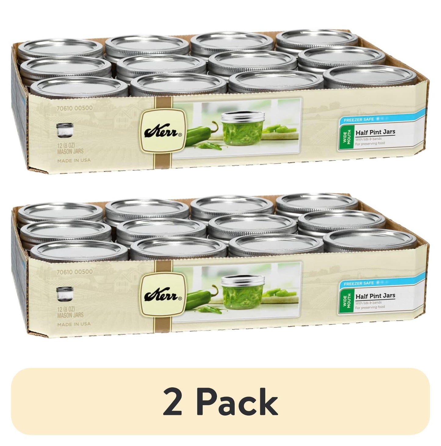 (2 pack) Kerr Canning Jars, Wide Mouth Half-Pint Mason Jars with Lids and Bands, 12 Count 8 oz