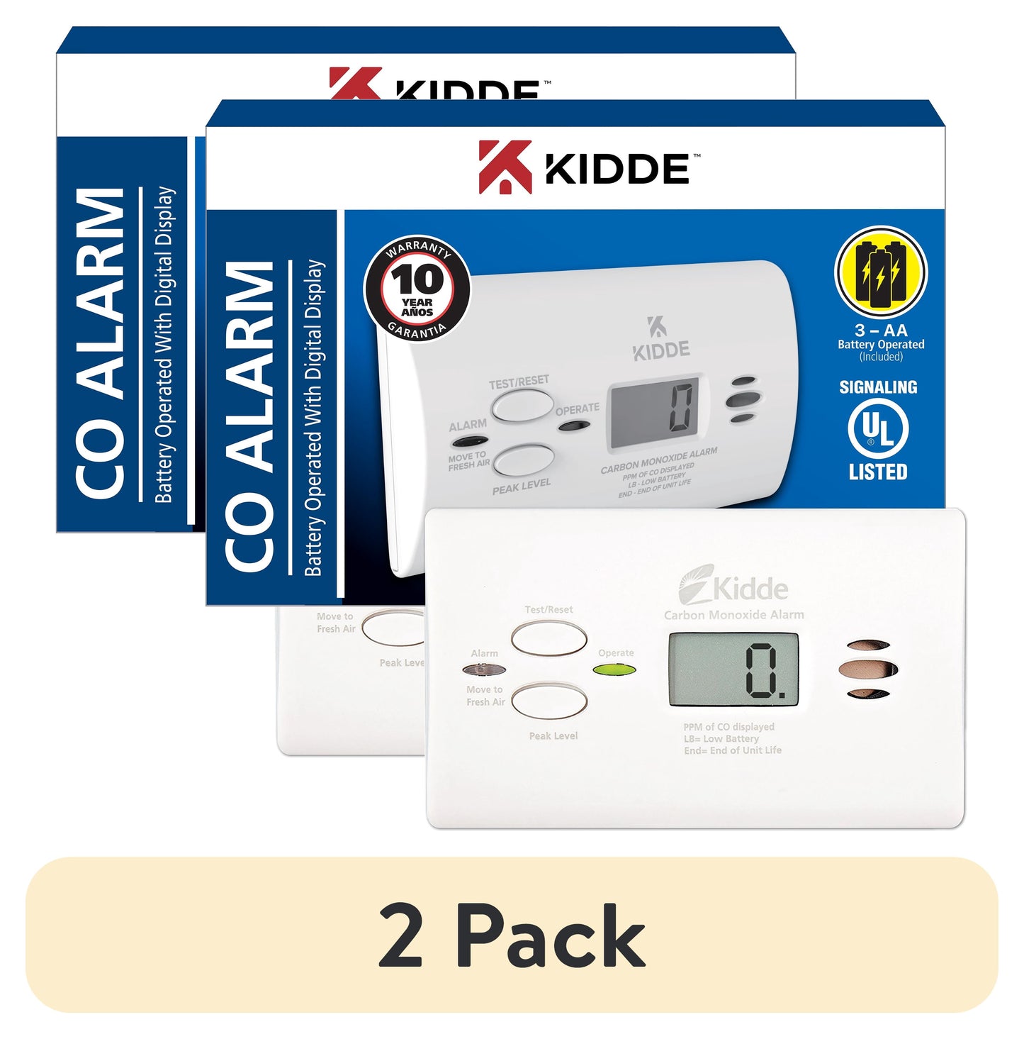 (2 pack) Kidde Battery Operated Carbon Monoxide Alarm with Digital Display KN-COPP-B-LPM