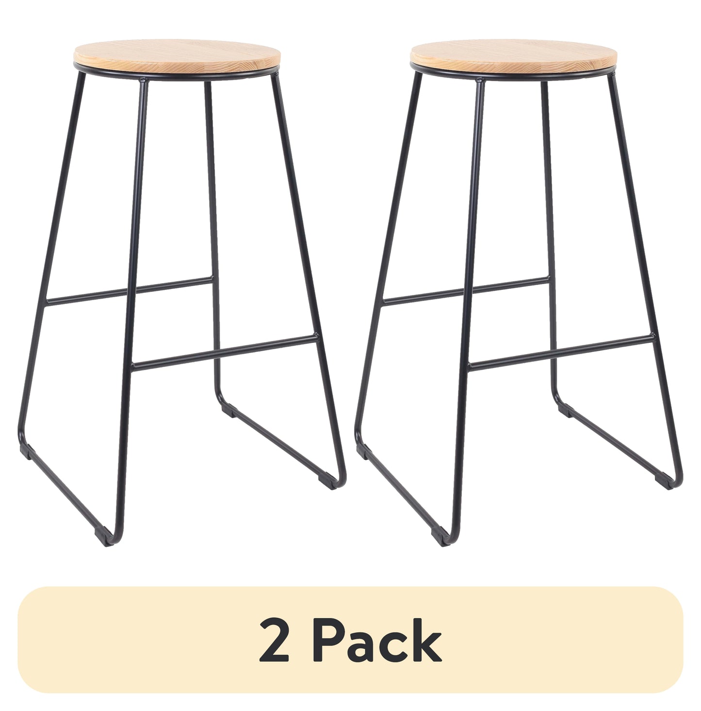 (2 pack) Mainstays 28"H Backless Stool Black Metal Base with Natural Wood Seat