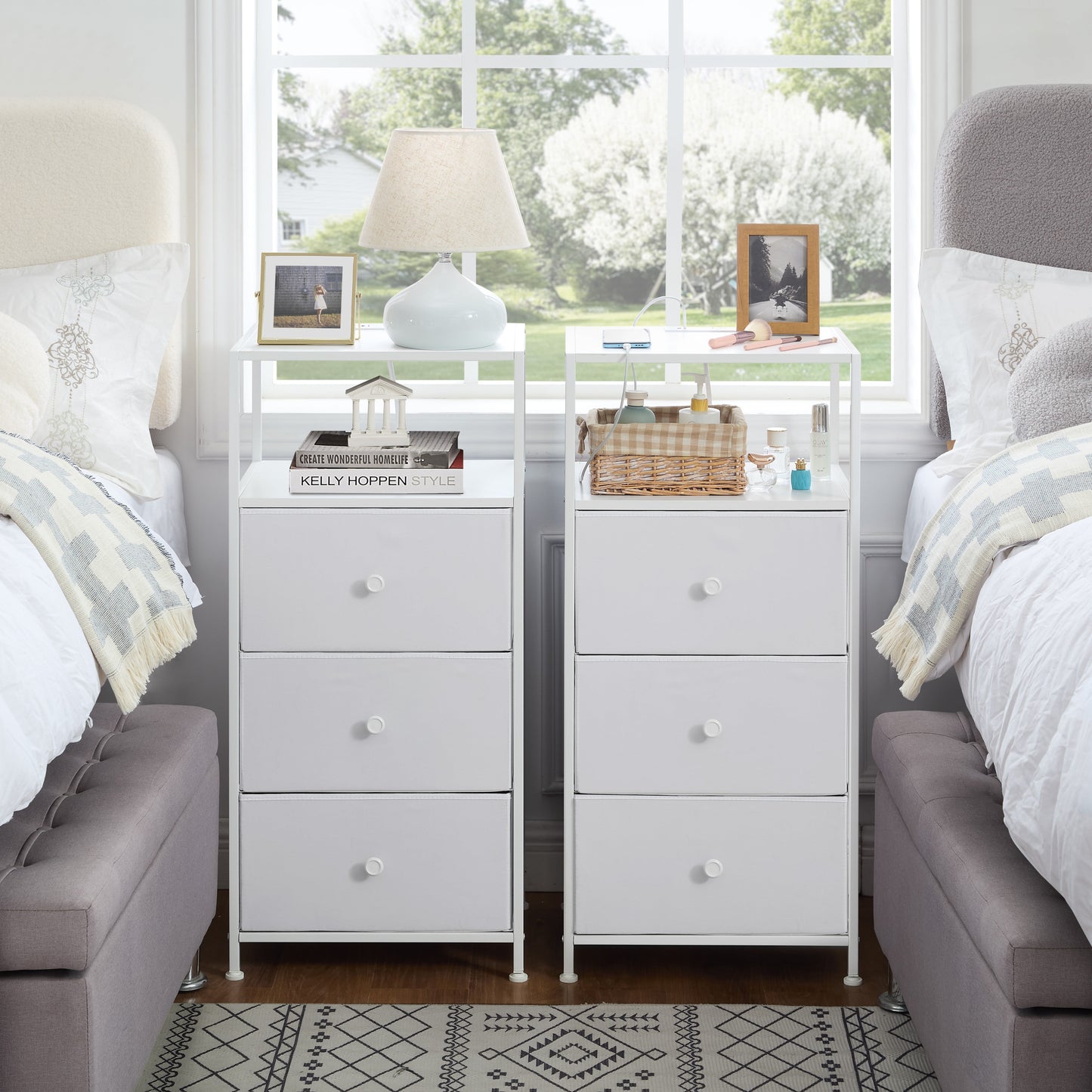 (2 pack) Mainstays 3 Drawer Fabric Nightstand with USB, Arctic White Boucle