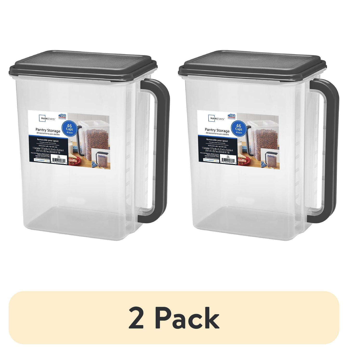 (2 pack) Mainstays Bulk Canister Holds 46 Cups - Dark Gray Lid and Handle, Food Storage Container (1 Each) 11.55" x 7.8" x 13.25", Designed to Help with Pantry Organization and Food Storage