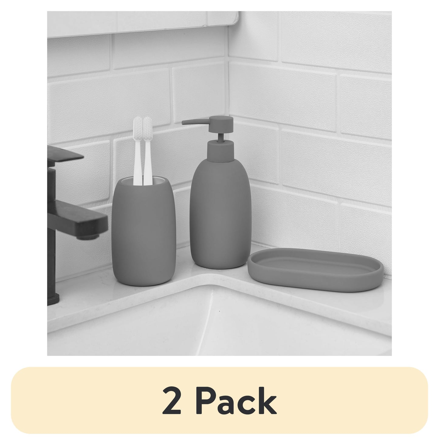 (2 pack) Mainstays Ceramic Stoneware Bath Accessories 3-Piece Set, Grey – Soap Pump Dispenser, Tumbler, and Accessory Tray